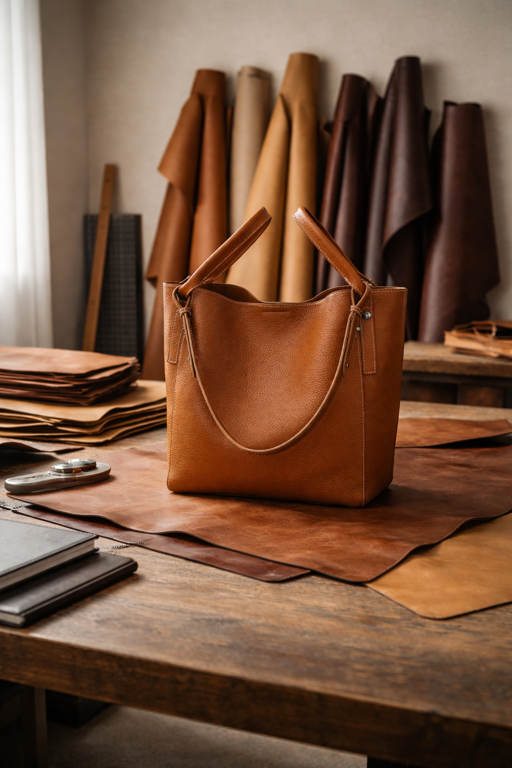 Brown leather tote handbag with double handles on a wooden table in a leather workshop