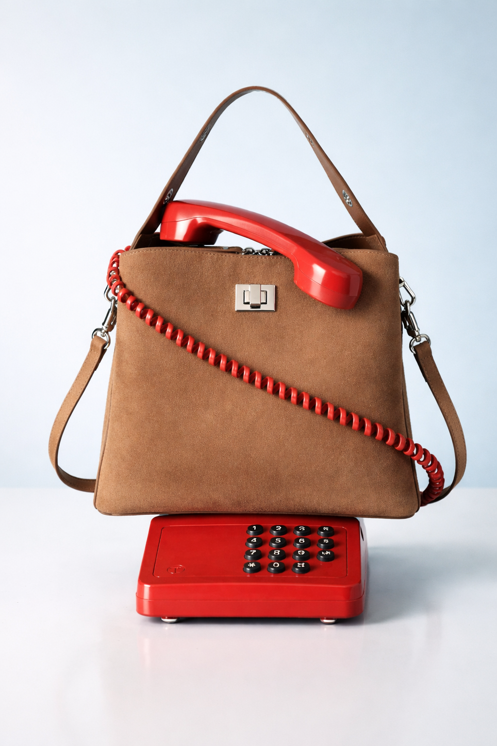 Brown suede handbag with top handle and crossbody strap, displayed with a red rotary phone