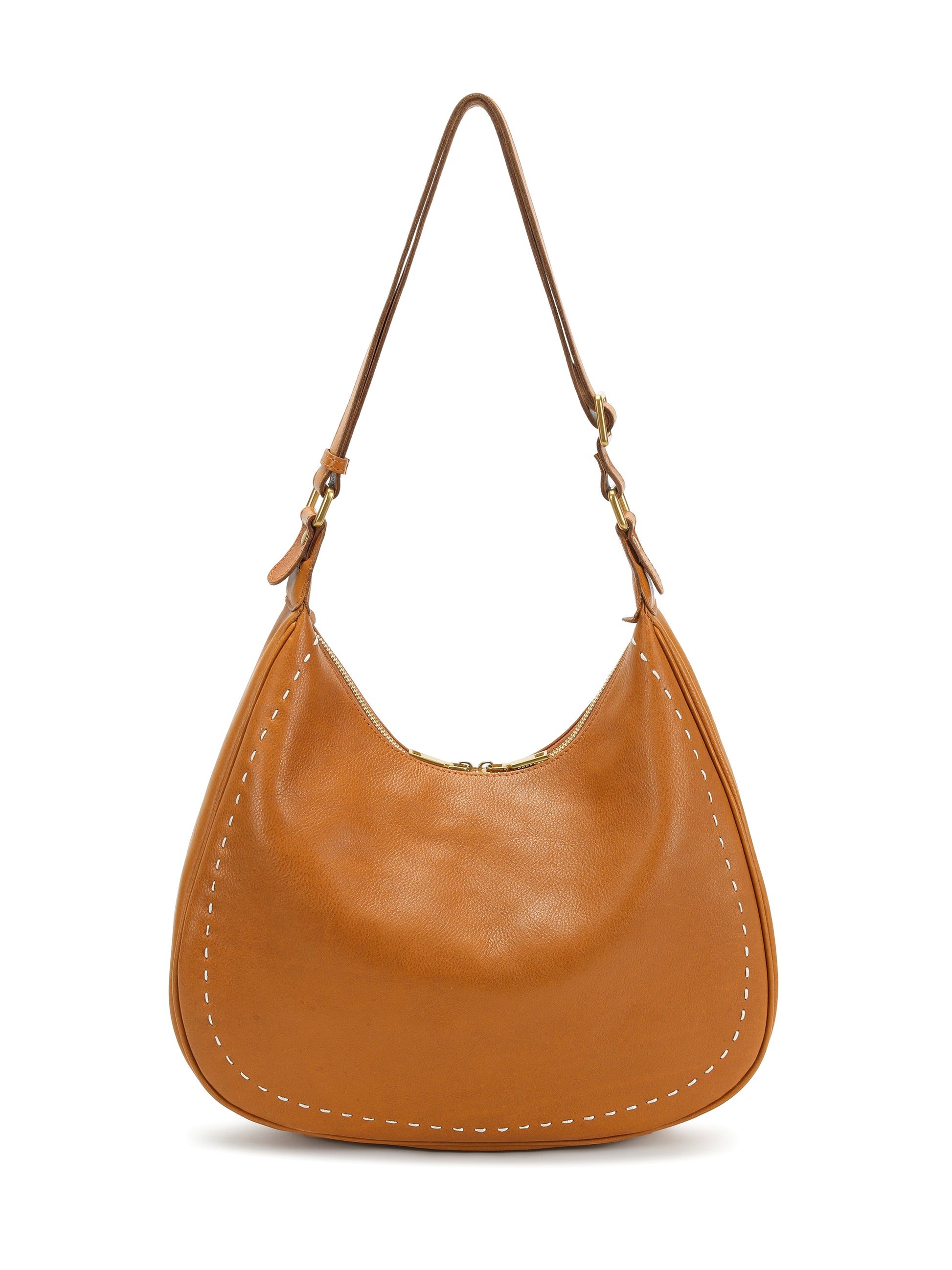 Tan leather hobo shoulder bag with white stitching and gold hardware on white background