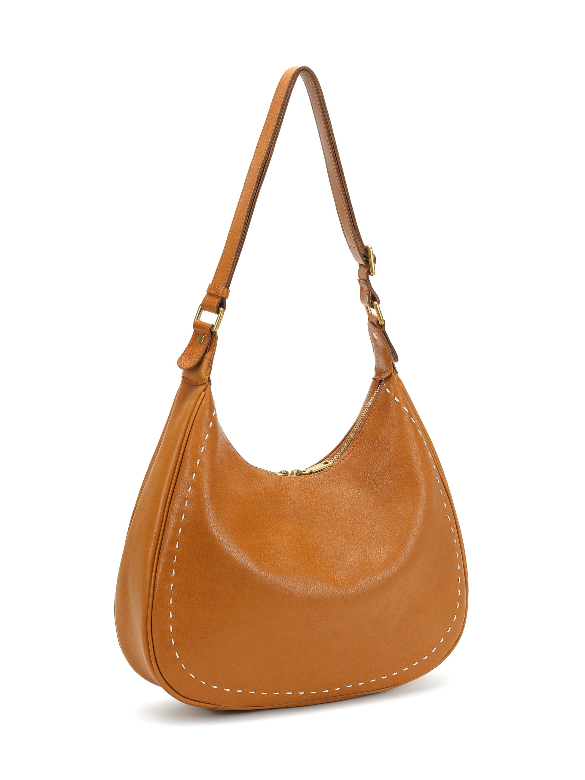 Tan leather hobo handbag with white stitching and adjustable shoulder strap