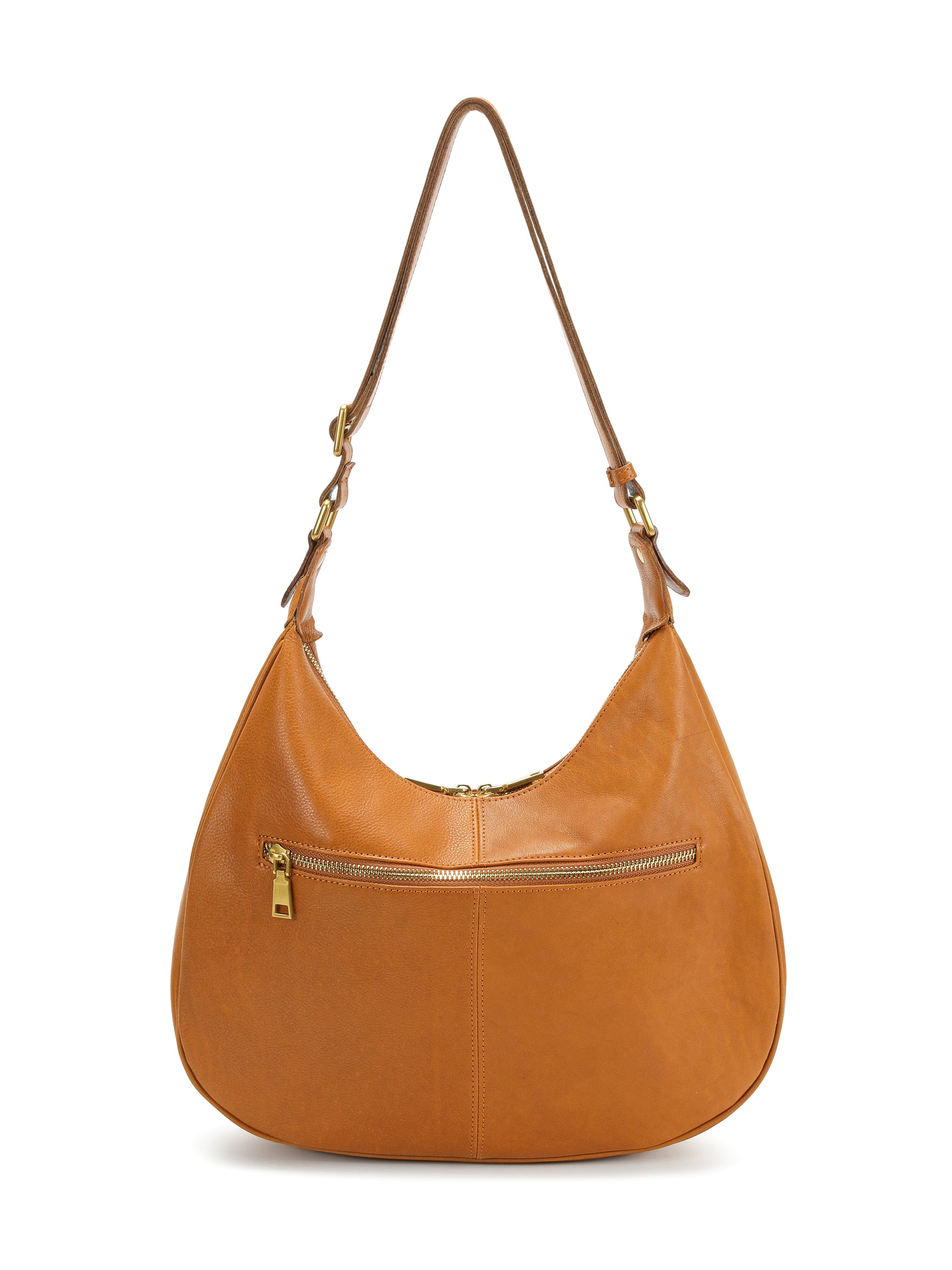 Tan leather hobo handbag with gold zipper, single shoulder strap, and minimalist design