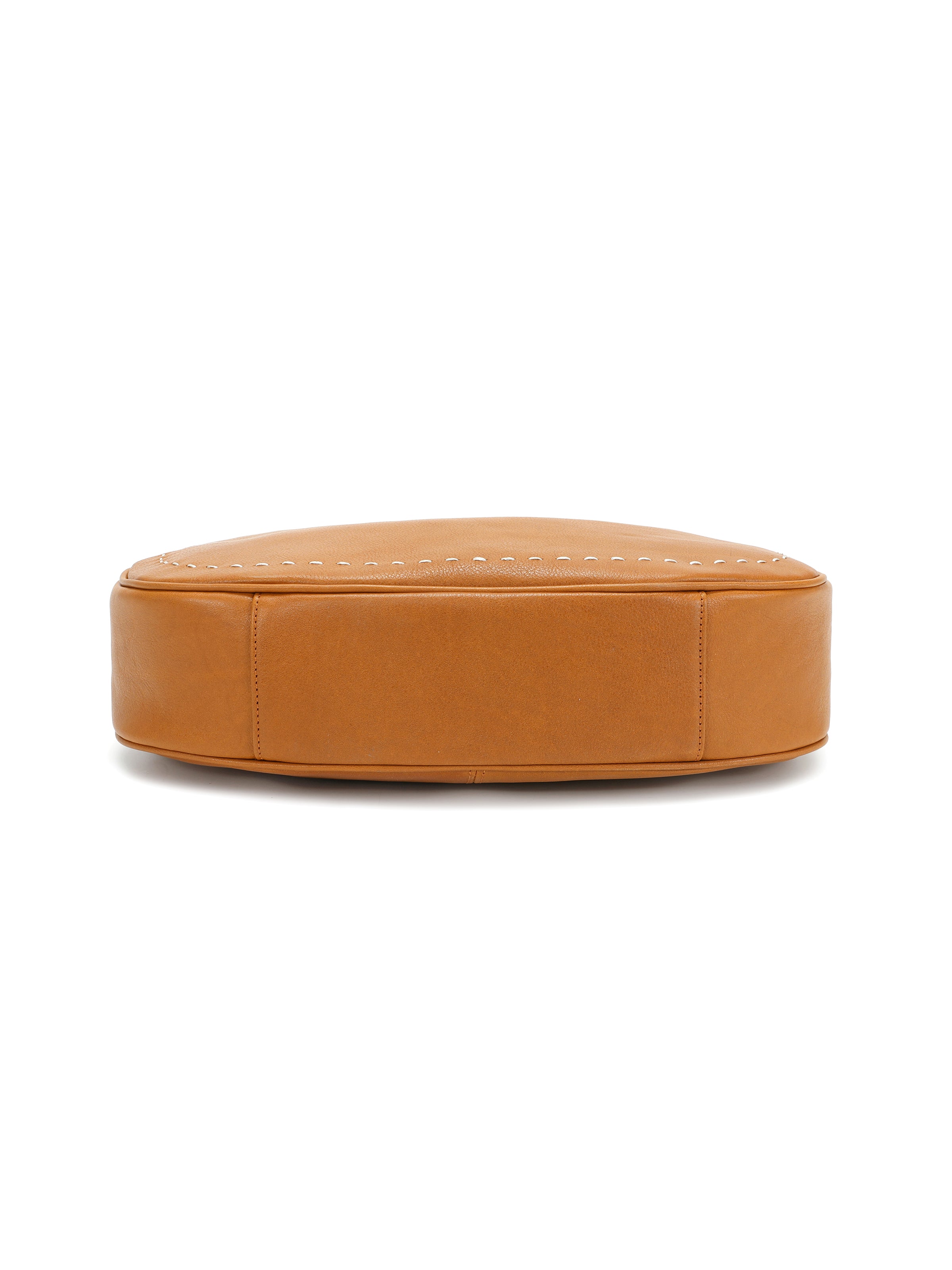 Bottom view of a tan leather handbag with smooth finish and detailed stitching