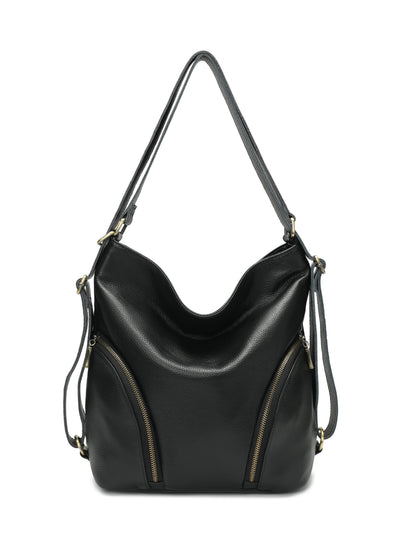 Black leather hobo handbag with dual zippered pockets and adjustable shoulder strap