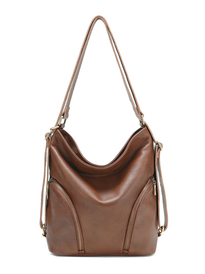 Brown leather shoulder hobo handbag with zippered pockets and adjustable strap
