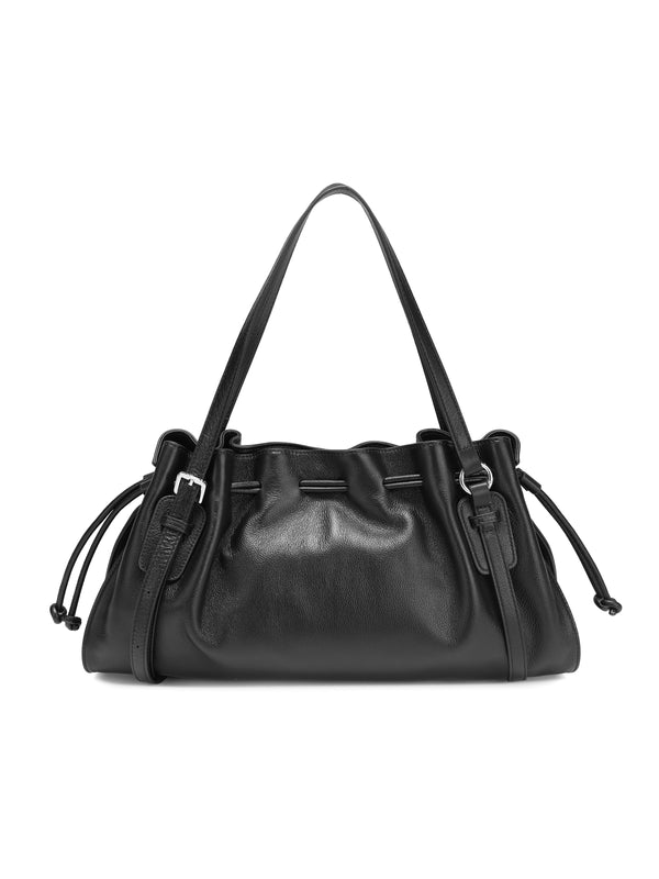 Black leather hobo bag with drawstring closure and shoulder strap