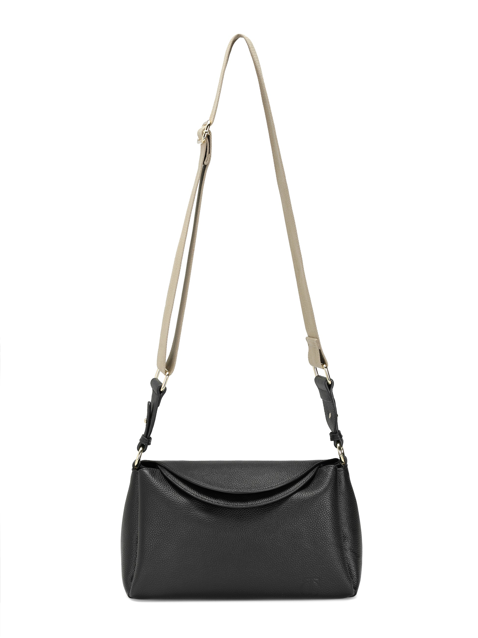 Black leather shoulder handbag with beige adjustable strap, minimalist design