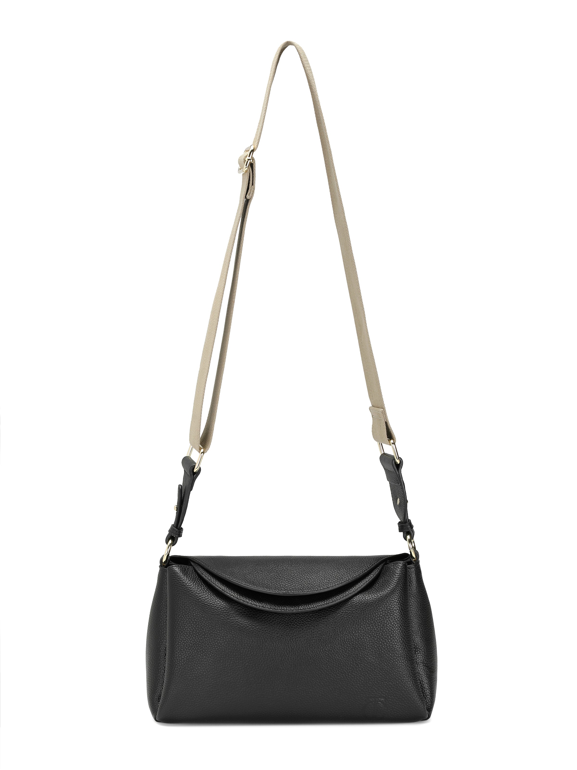Black leather shoulder handbag with beige adjustable strap, minimalist design