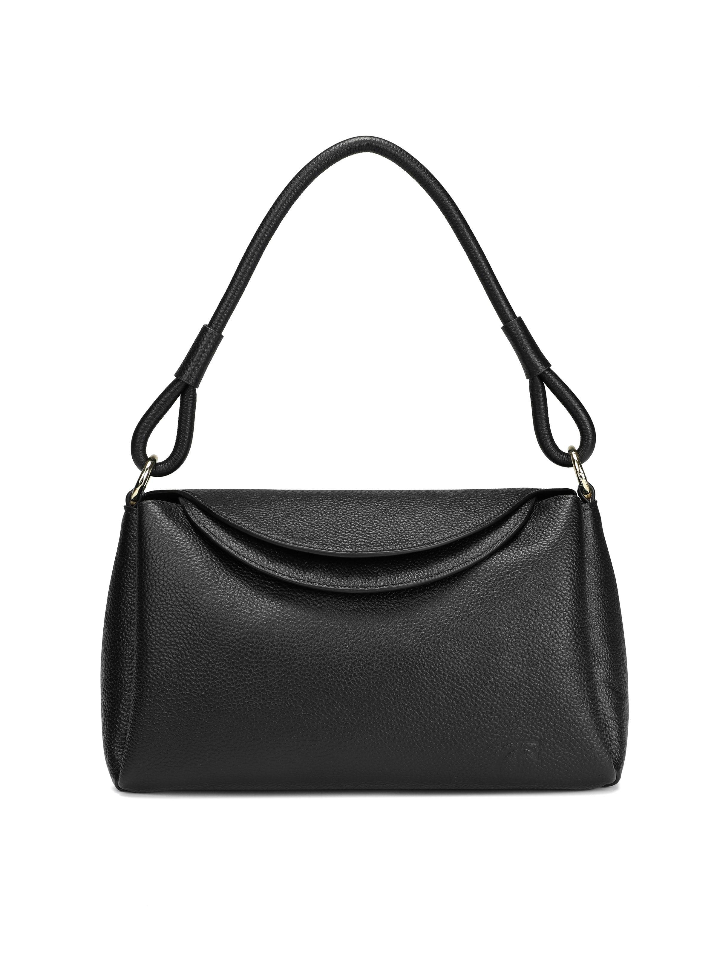 Black leather shoulder handbag with pebbled texture and curved flap closure