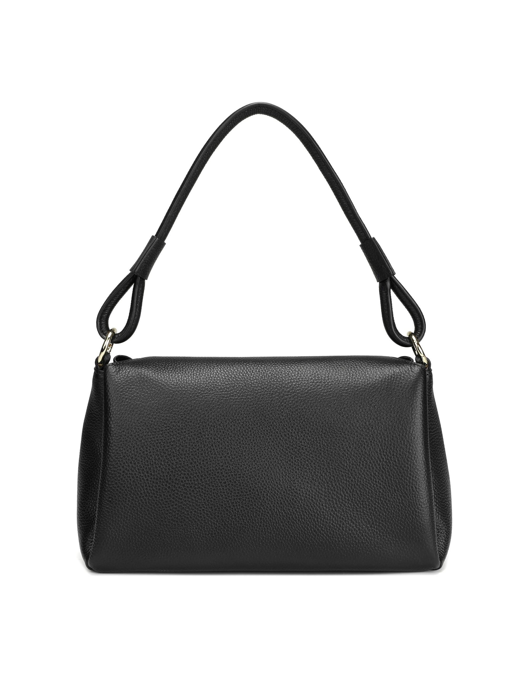 Black leather shoulder handbag with top handle and textured finish on white background