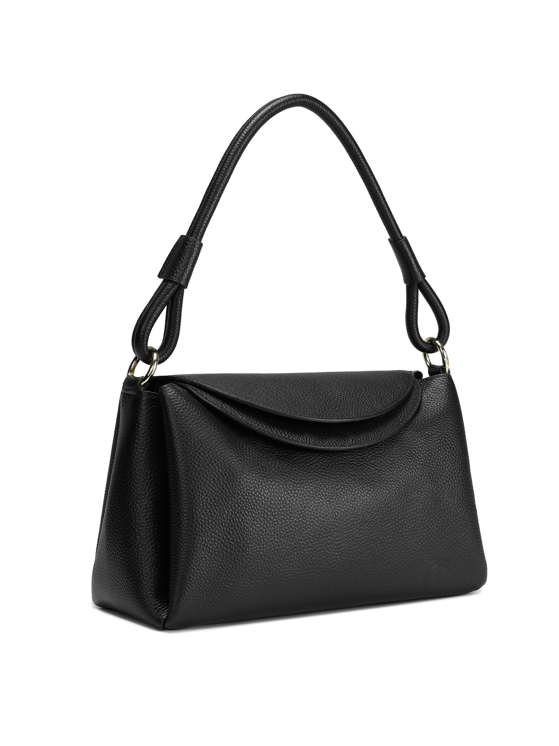 Black leather shoulder handbag with textured finish and curved flap design on white background
