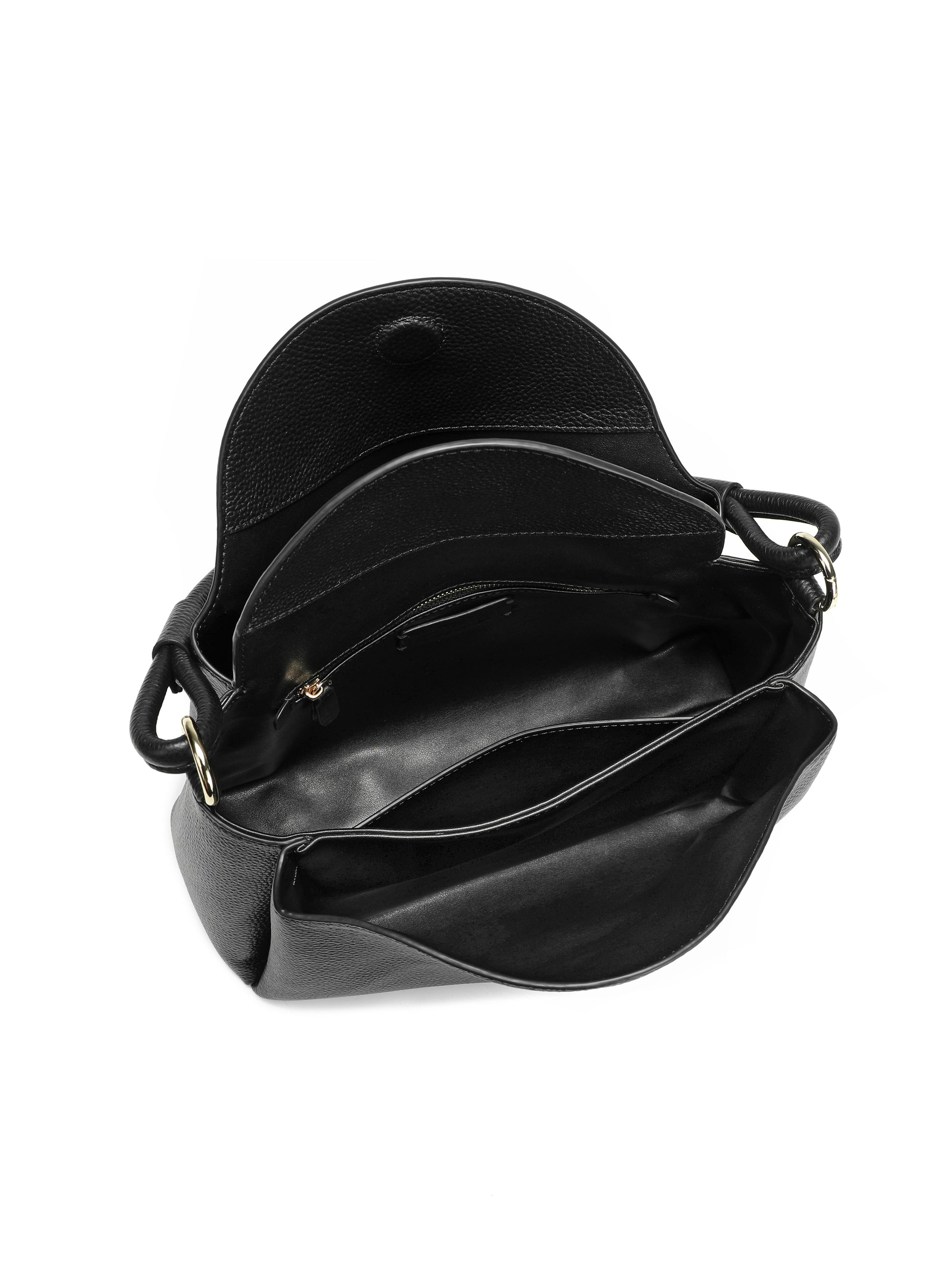 Black leather handbag with flap open, showing spacious interior and multiple pockets