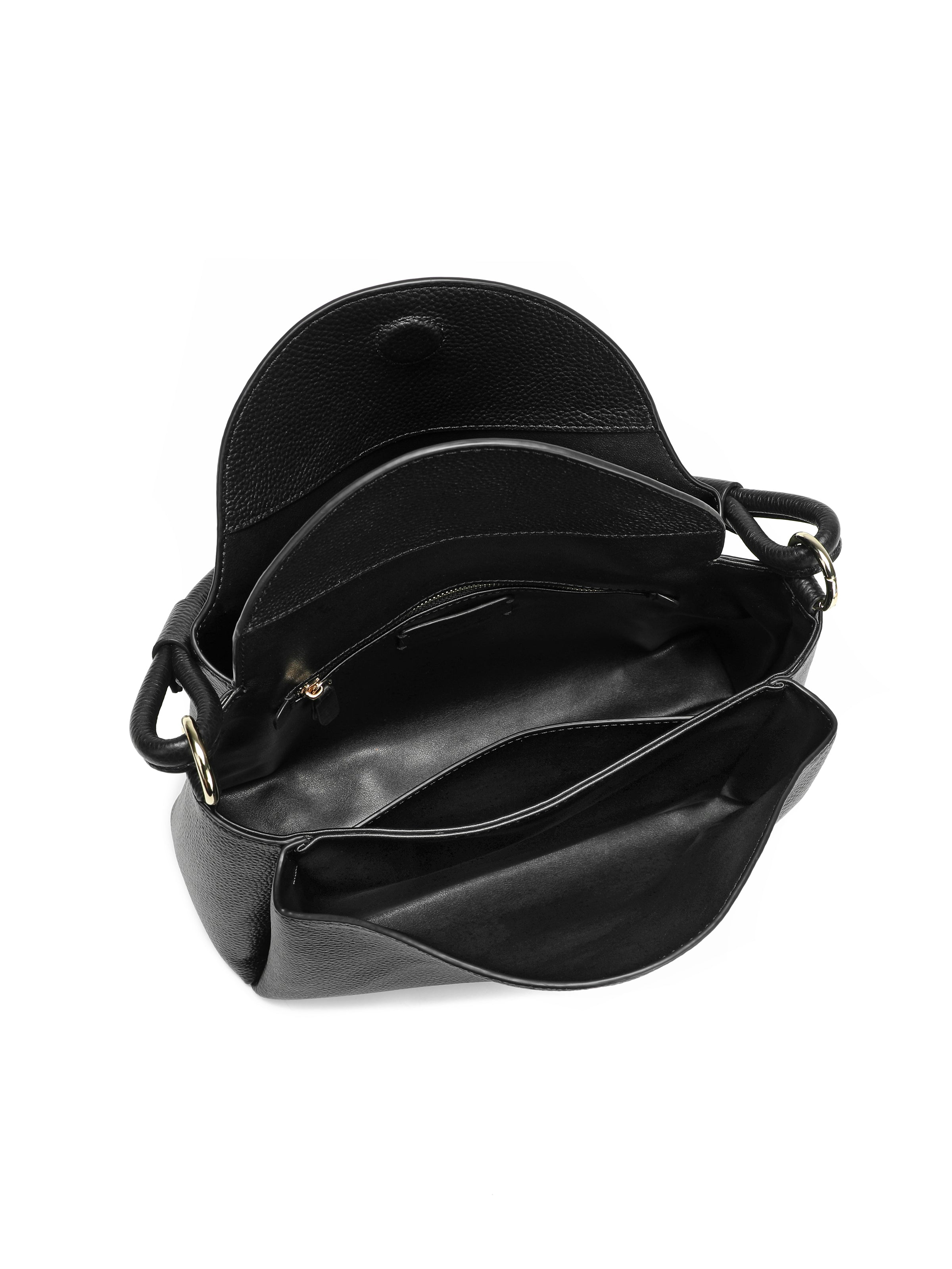 Black leather handbag with flap open, showing spacious interior and multiple pockets