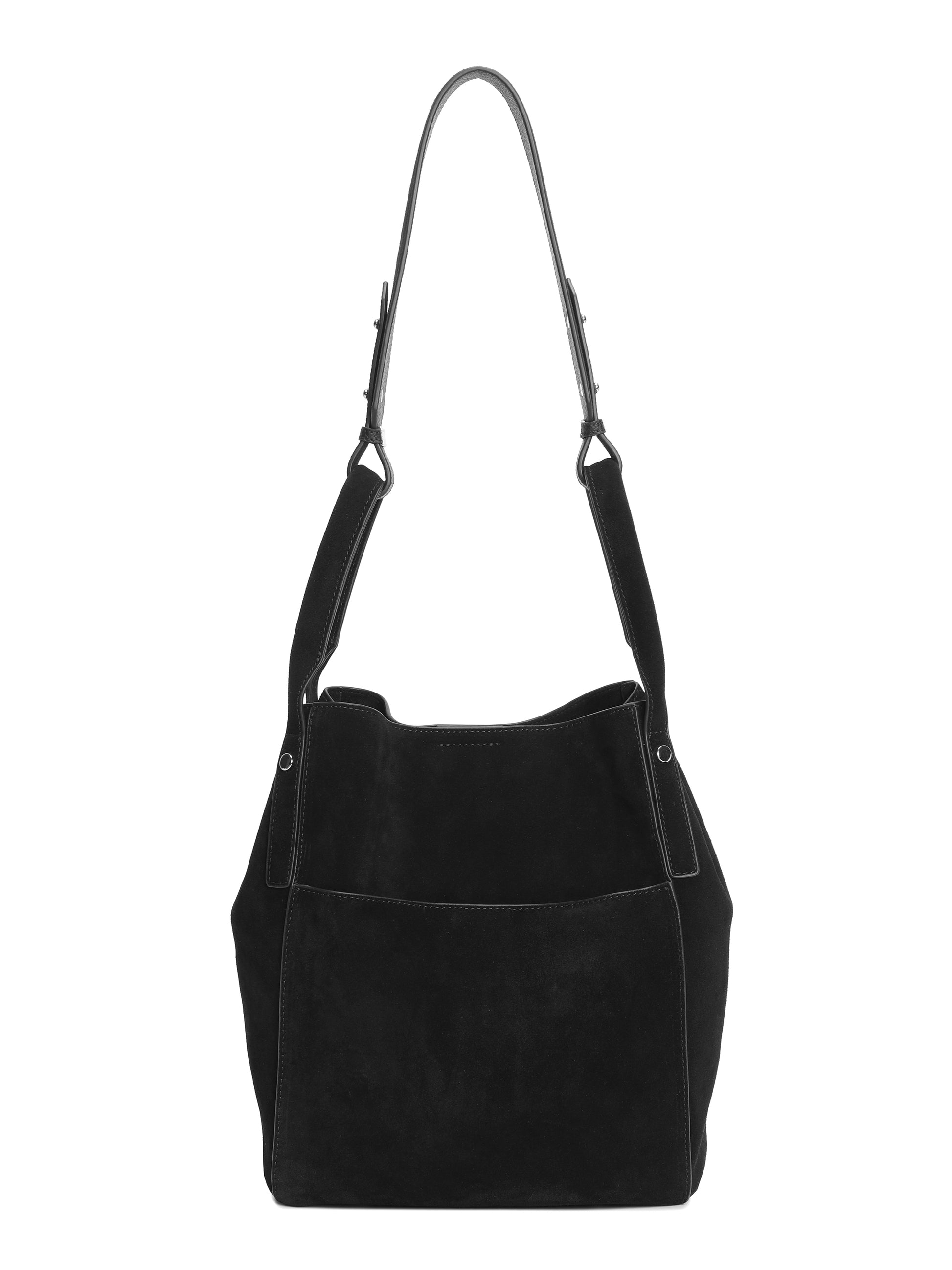 Black suede shoulder bag with wide strap and front pocket, minimalist handbag design