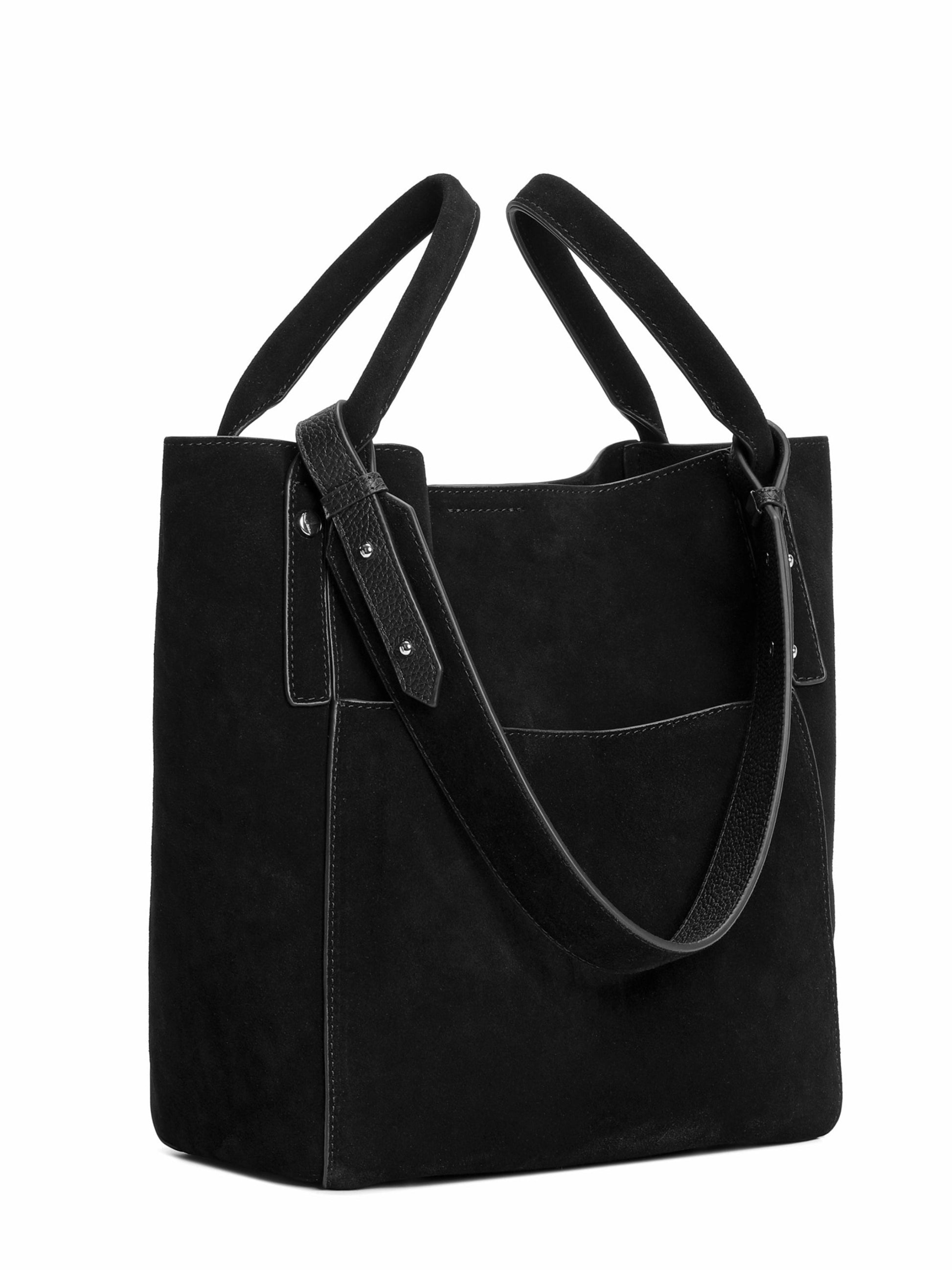 Black suede tote handbag with double shoulder straps and pocket design