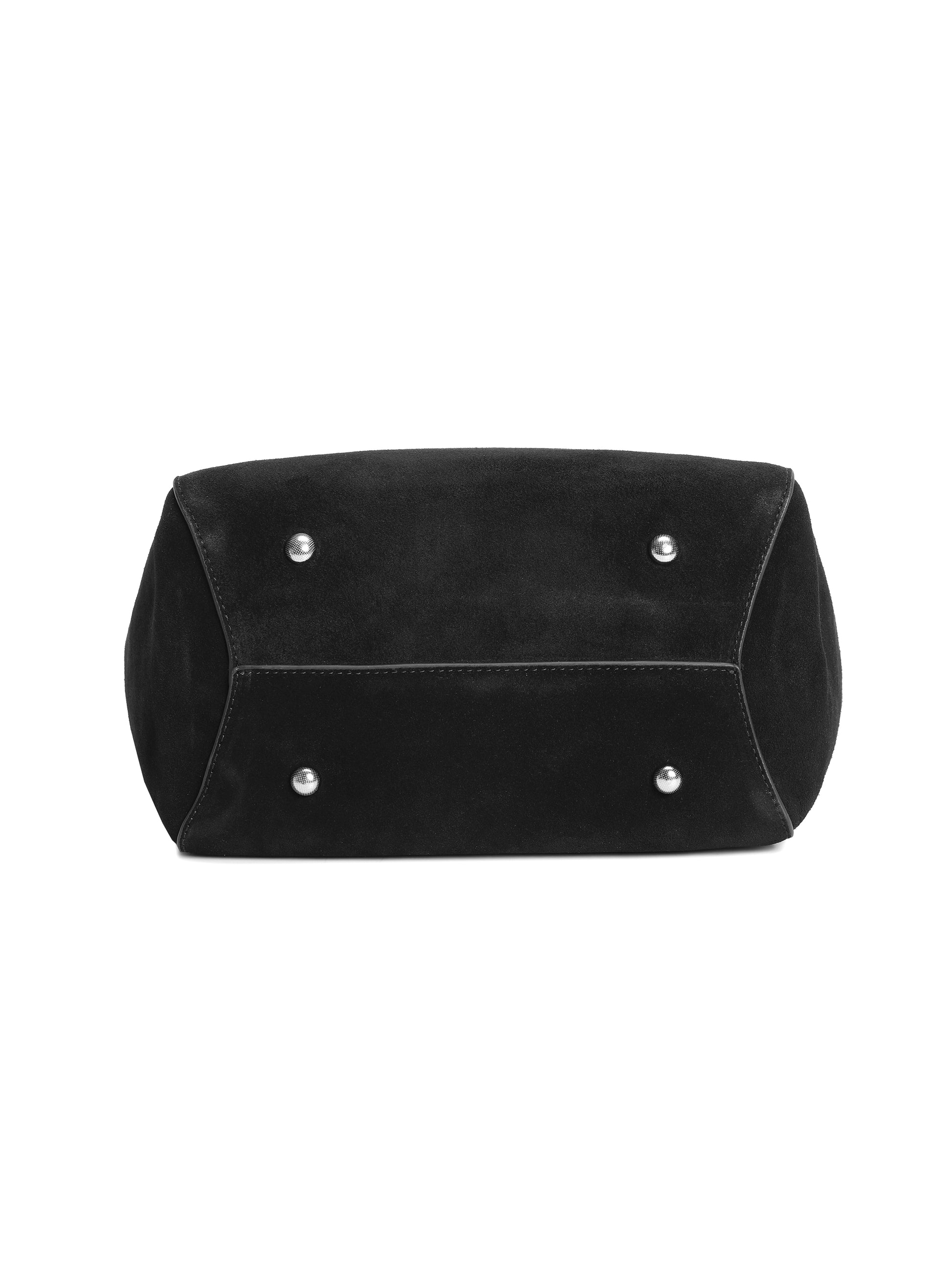 Black suede handbag bottom with silver metal feet, luxury purse design, close-up view