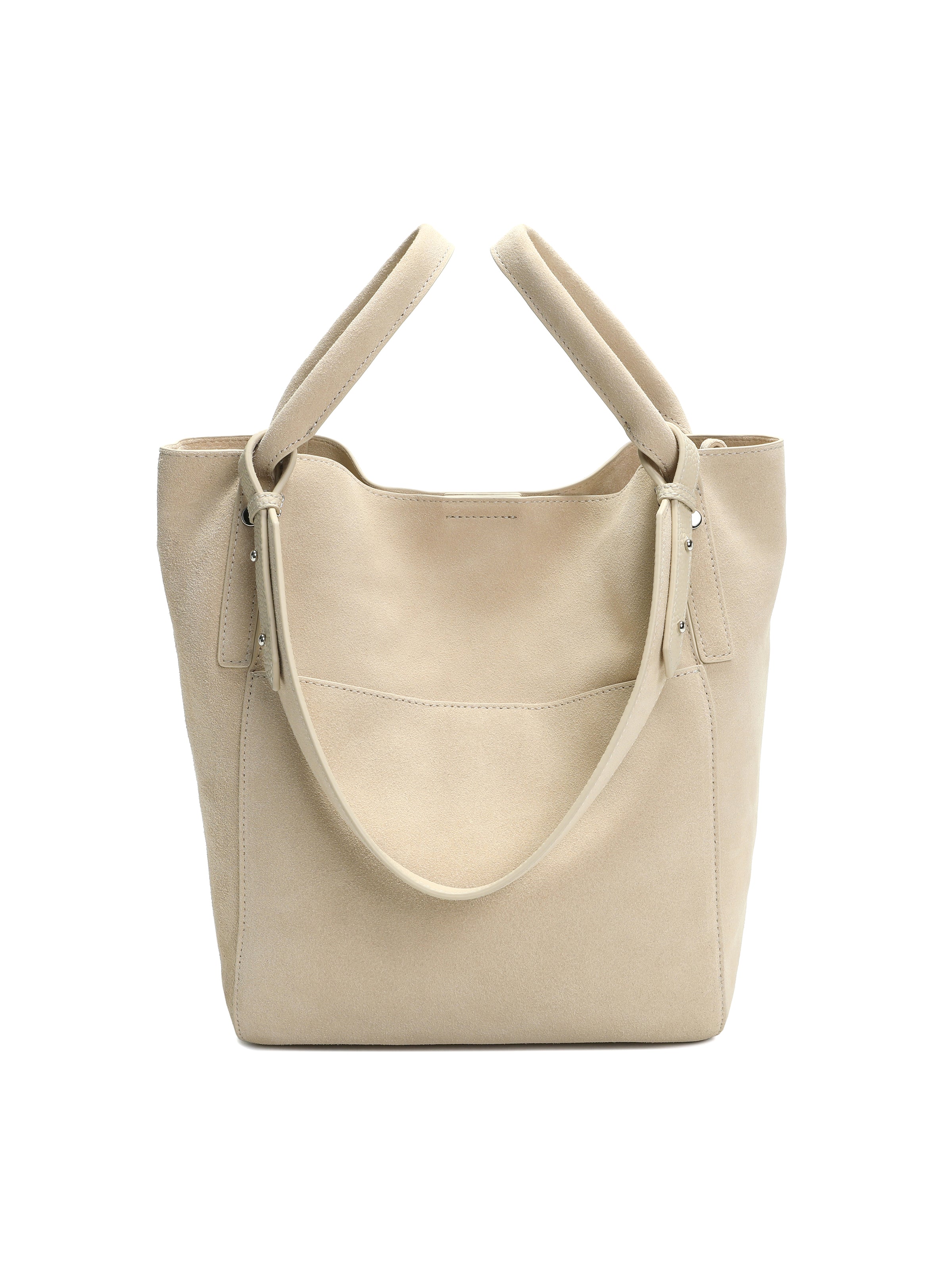 Beige suede tote handbag with dual handles and minimalist design on white background