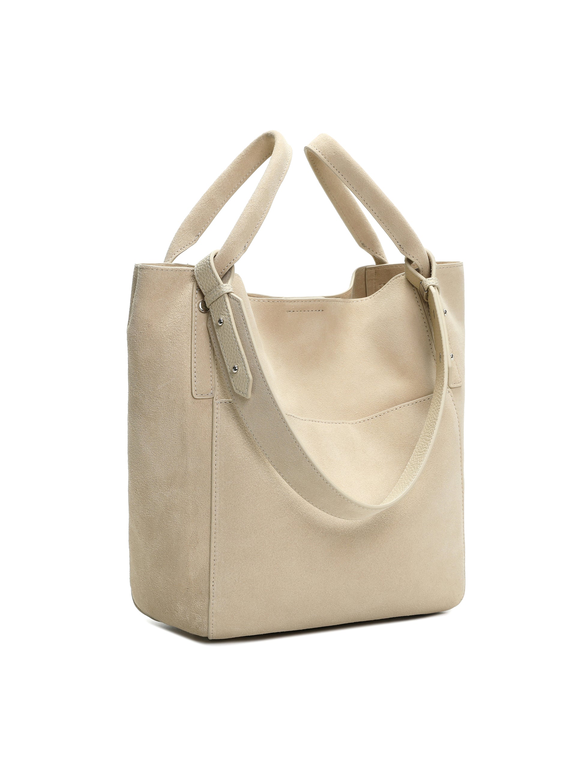 Beige suede tote handbag with double handles and minimalist design on white background