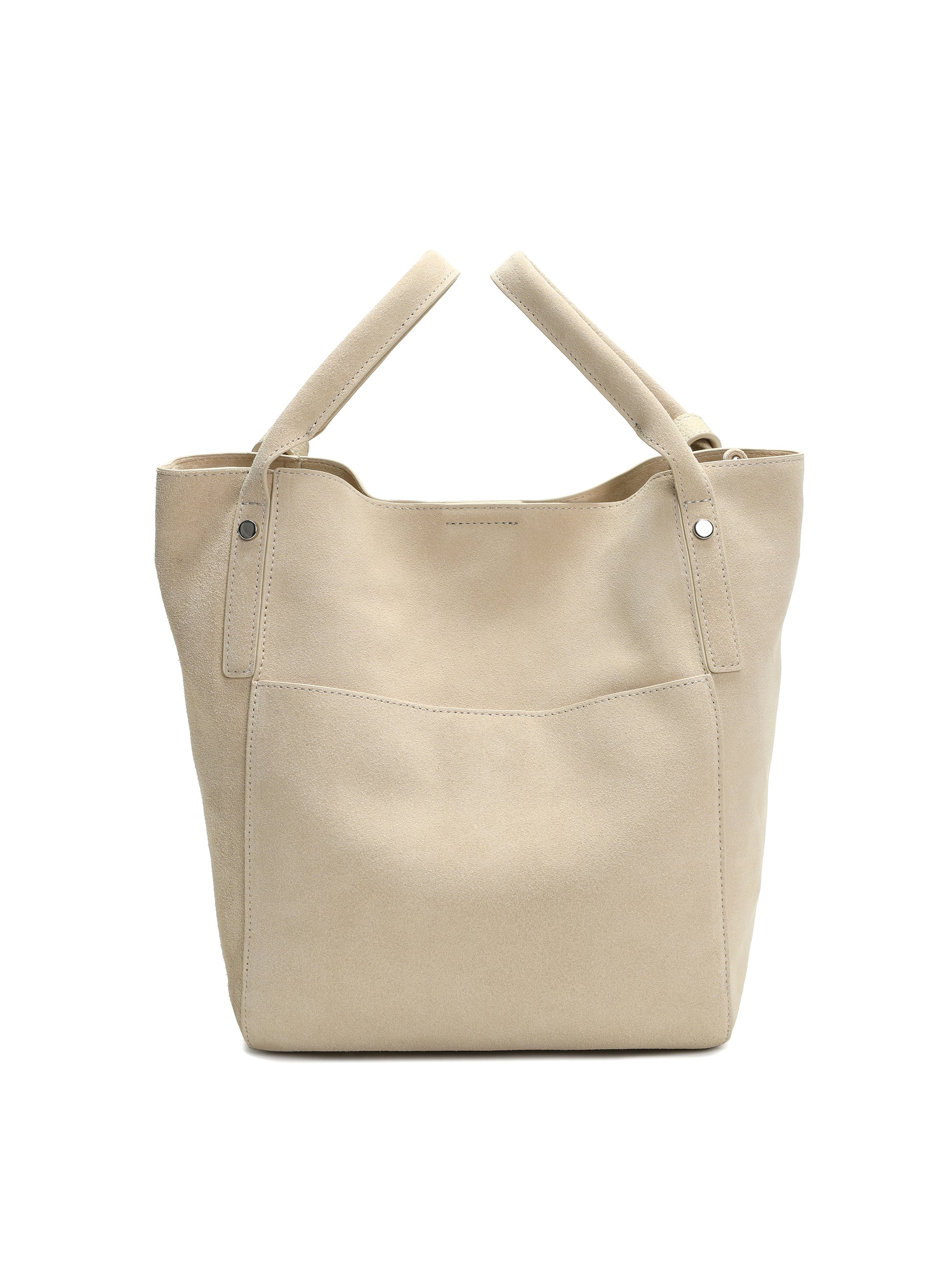 Beige suede tote handbag with double handles and minimal design, front pocket detail