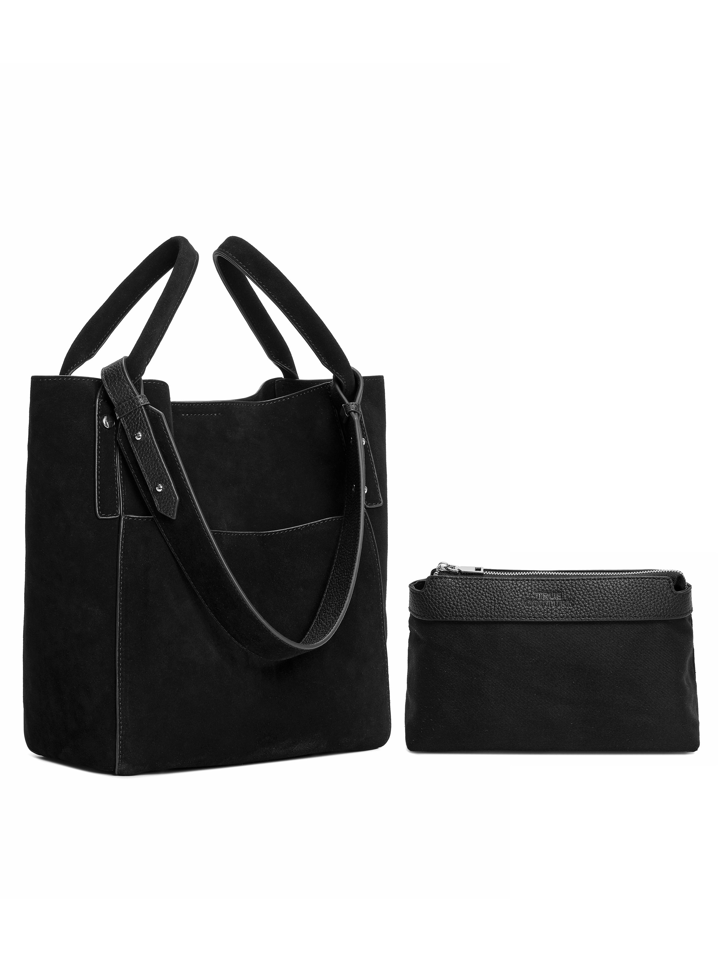 Black suede tote handbag with double handles and matching zippered pouch on white background