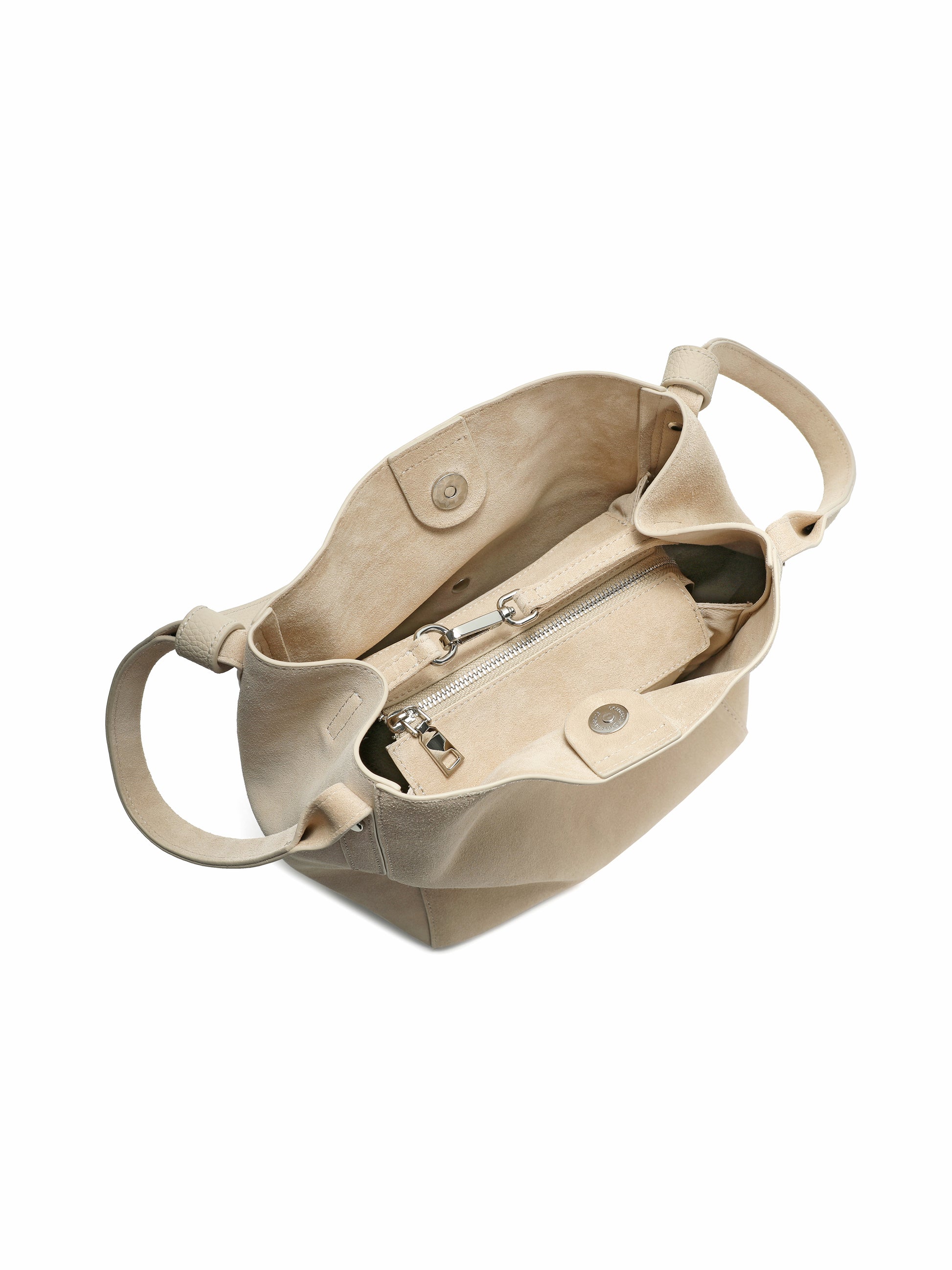 Beige suede leather tote handbag with top handles, open view showing spacious interior and zip pocket