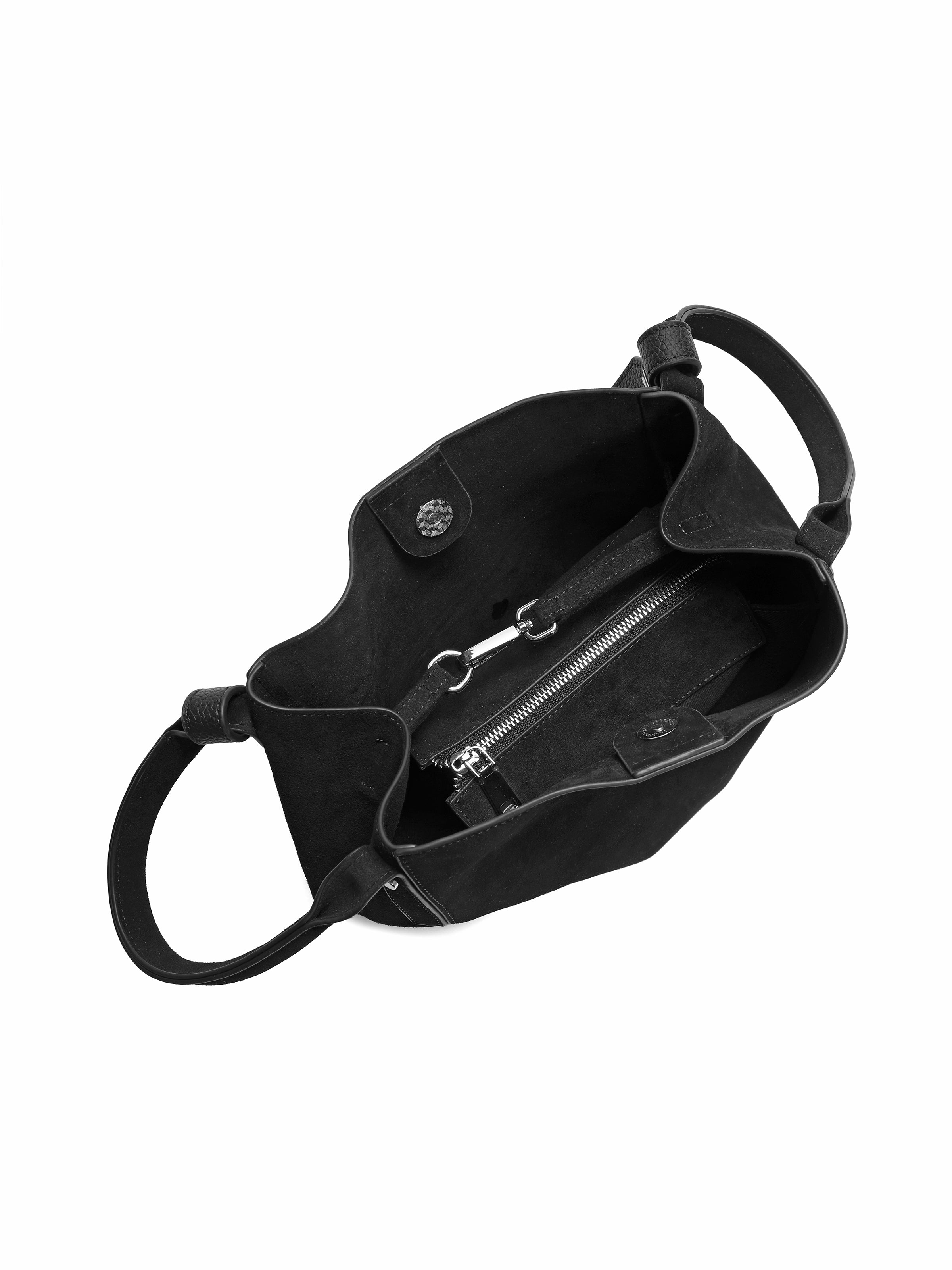 Black suede tote handbag with open top, handle straps, and zippered interior pocket