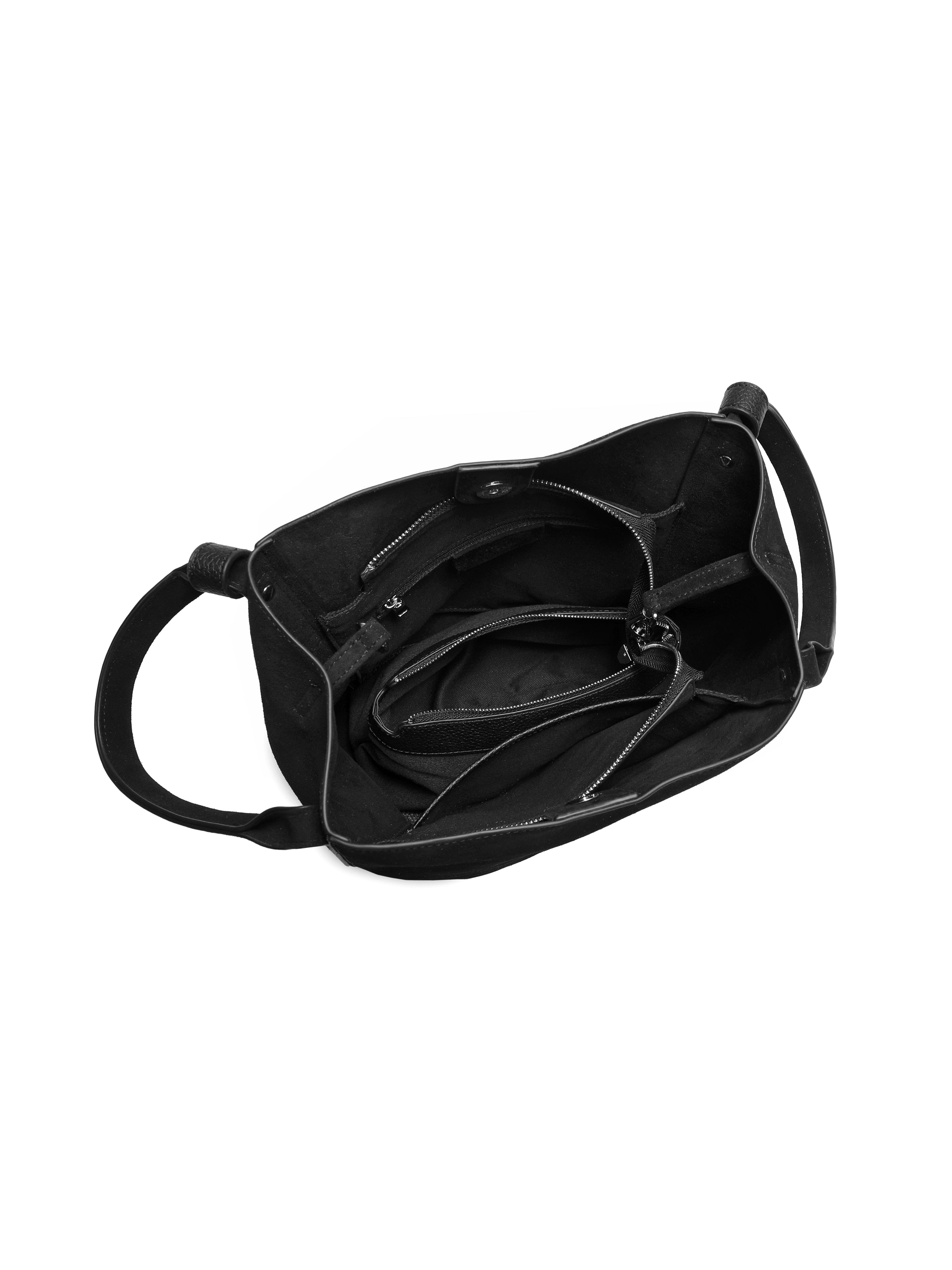 Black leather tote handbag with spacious interior, zipper pockets, and double handles