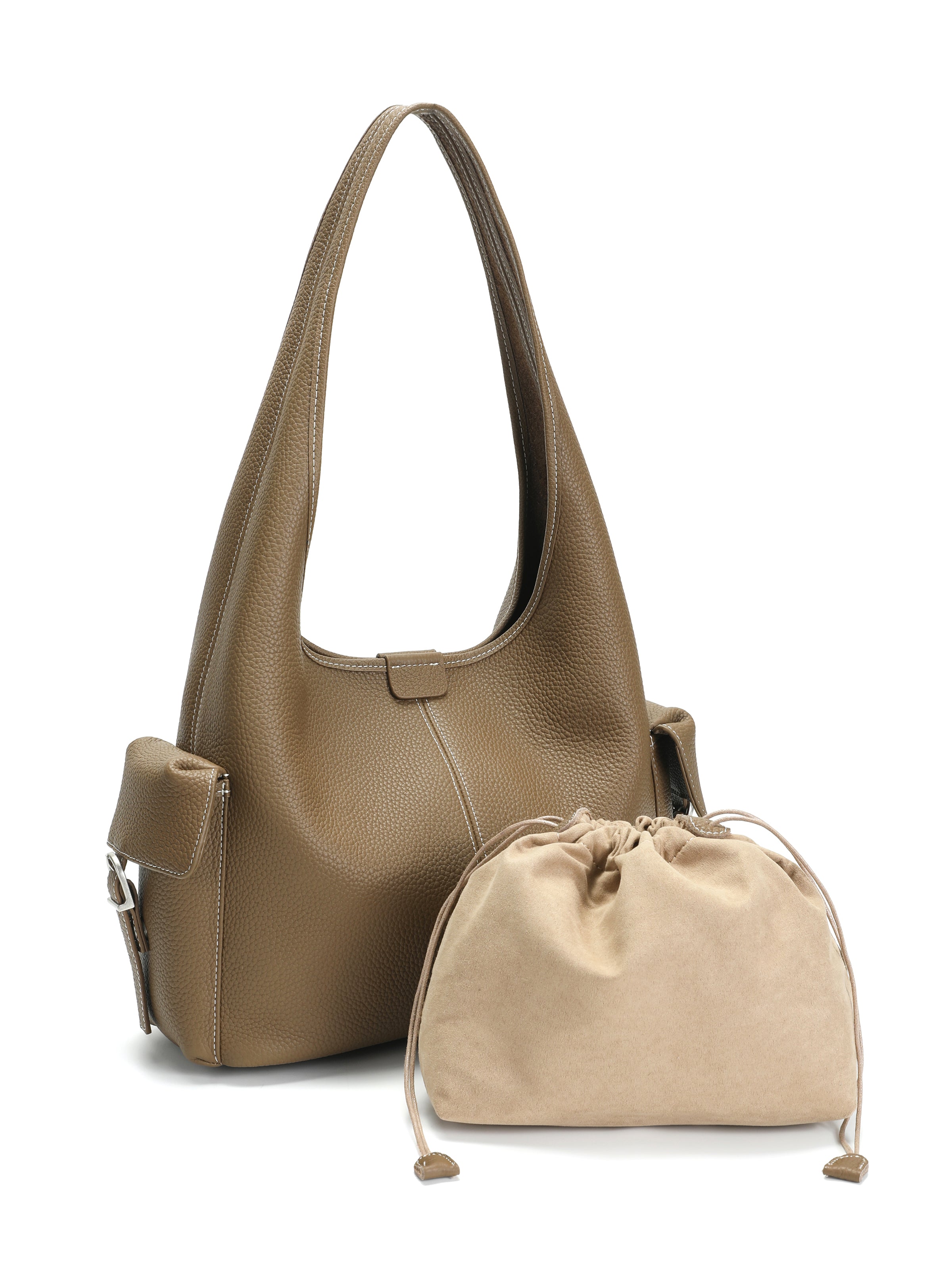 The Marais Pocket Hobo – Pebbled Leather Shoulder Bag in Taupe