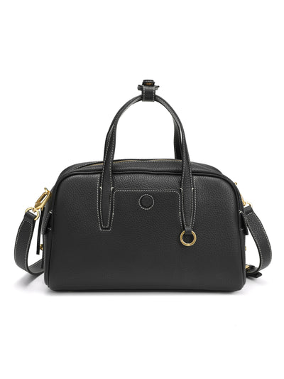 Black leather satchel handbag with gold hardware and white stitching, structured design