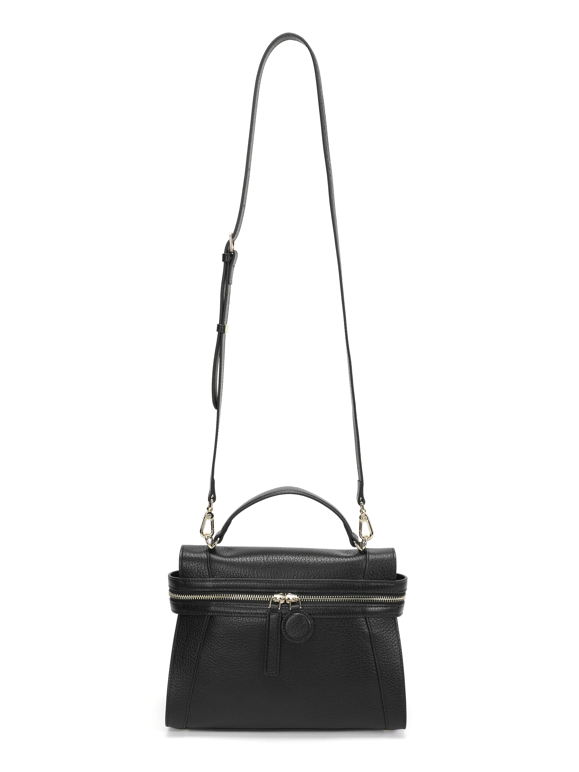 Black leather top handle handbag with gold zipper and long adjustable shoulder strap