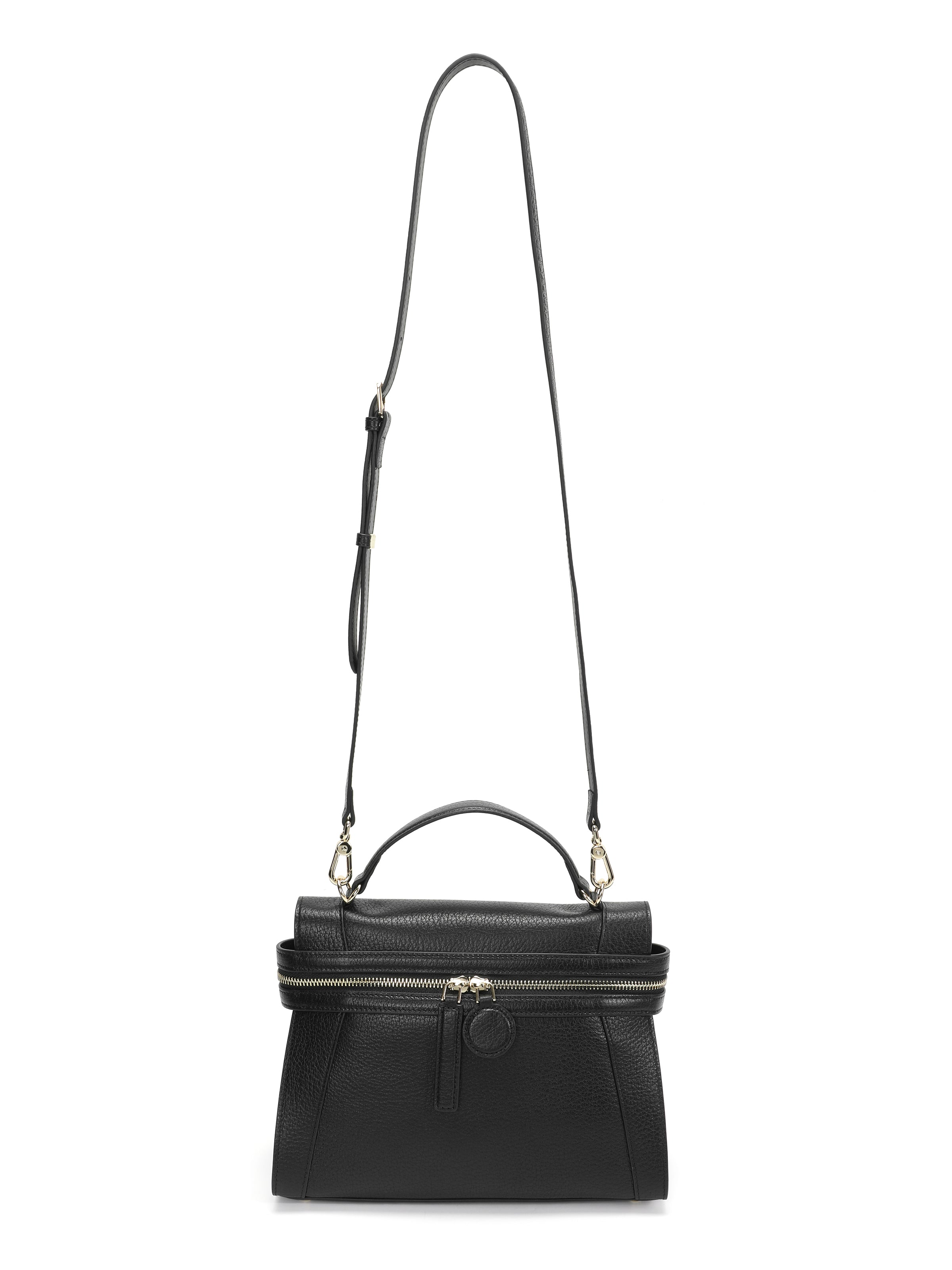 Black leather top handle handbag with gold zipper and long adjustable shoulder strap