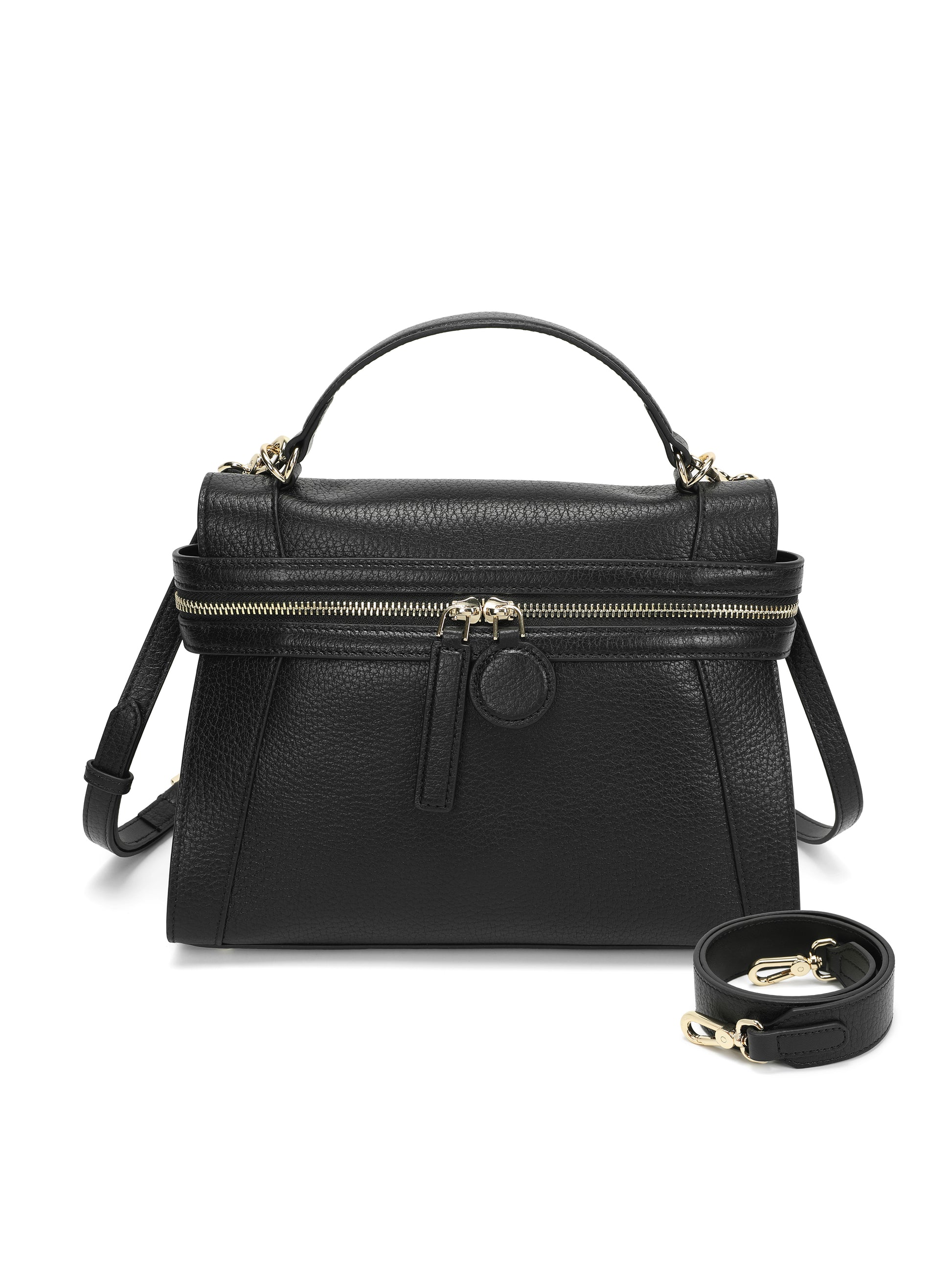 Black leather handbag with top handle, gold-tone zipper, and detachable shoulder strap