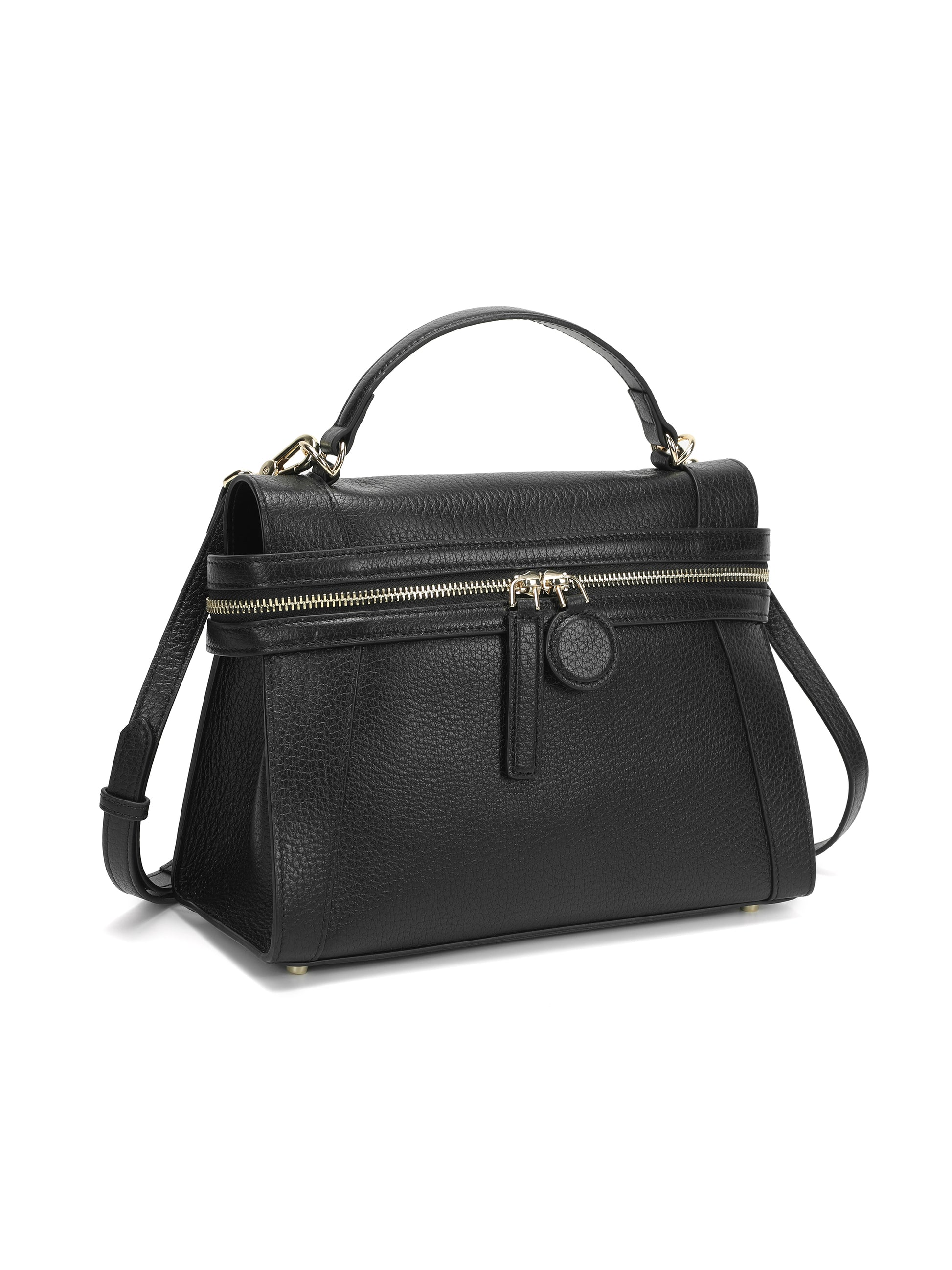 Black leather top handle handbag with gold hardware and front zipper detail