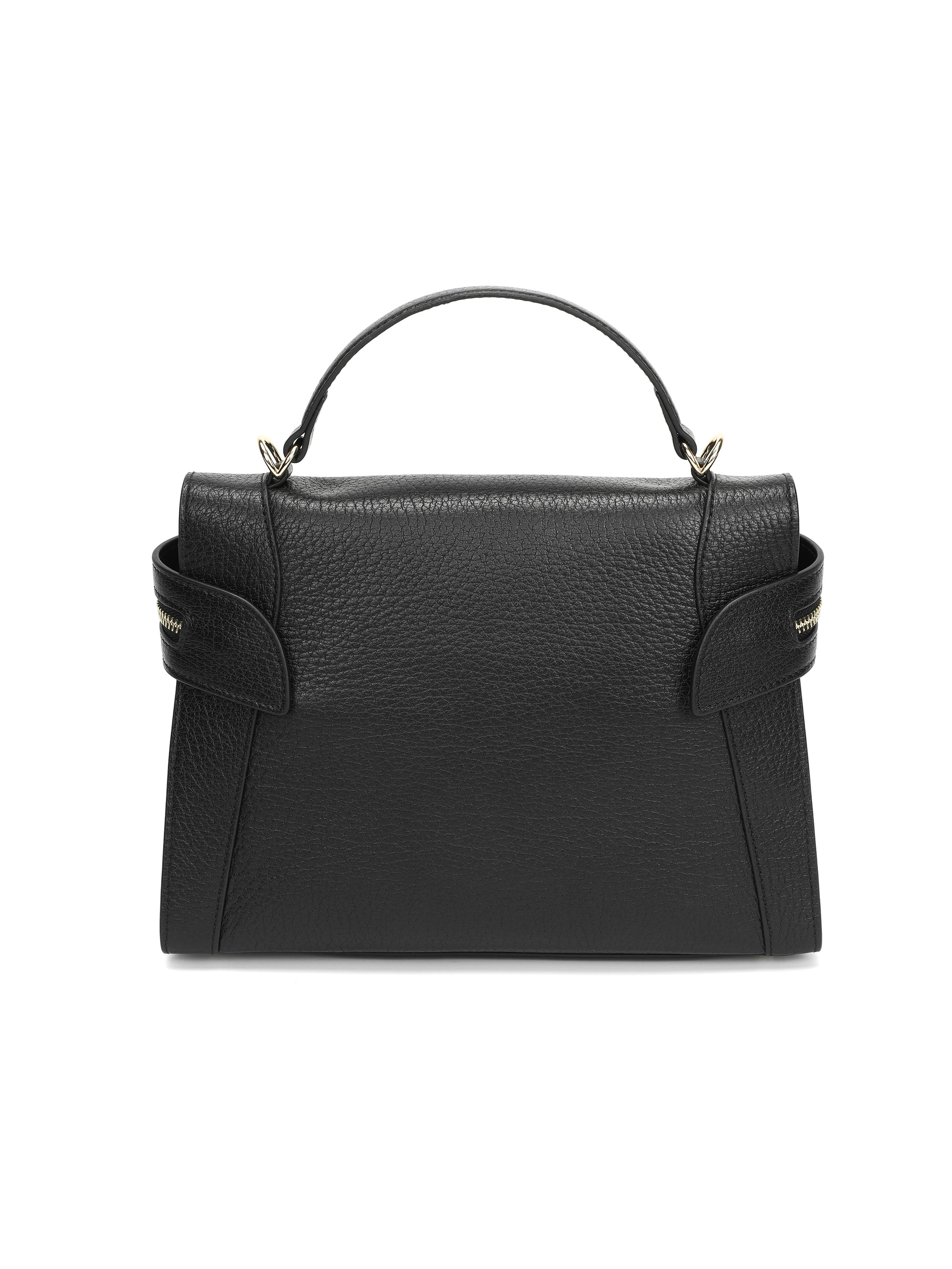 Black leather top handle handbag with gold hardware and textured finish