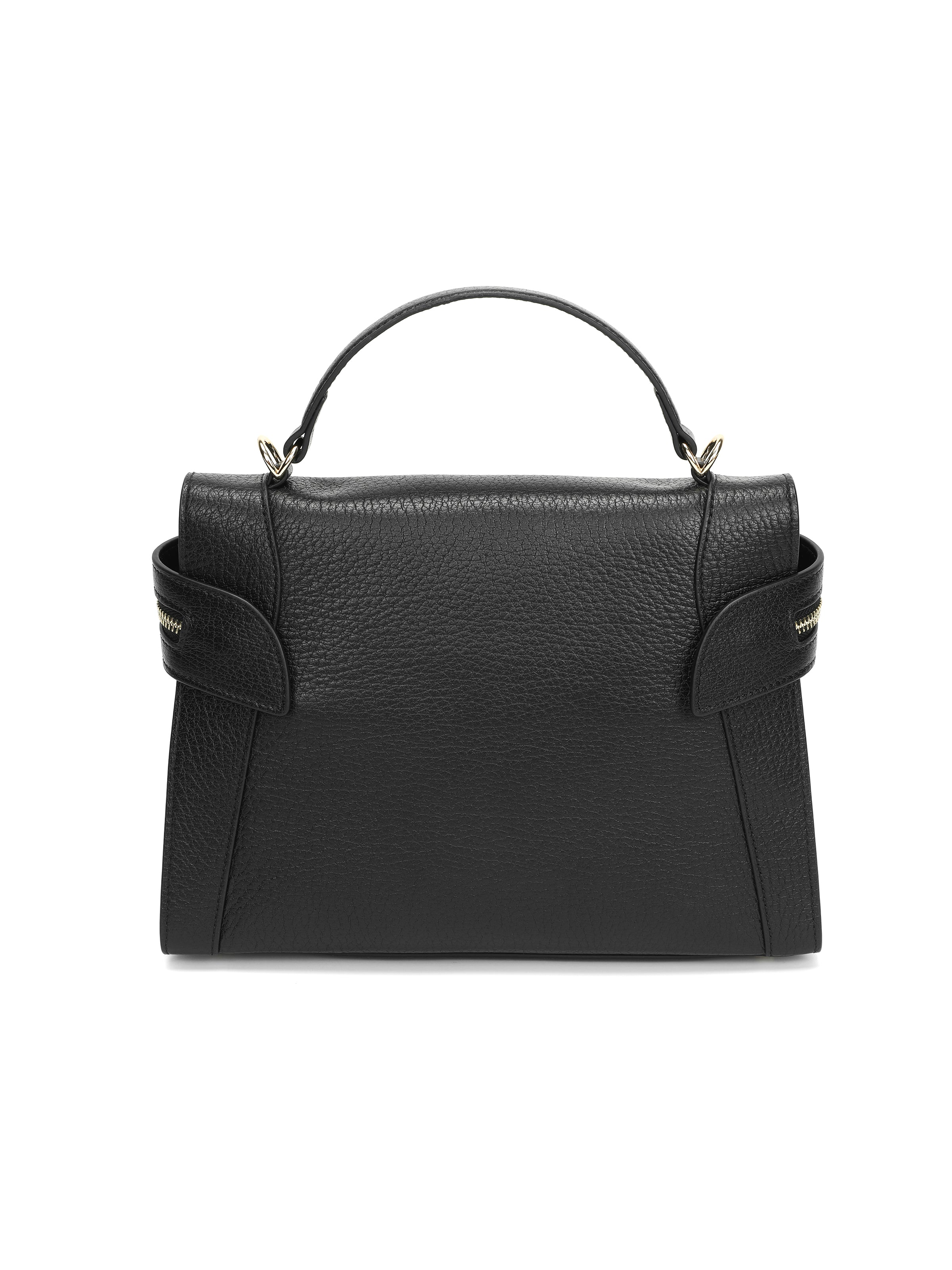 Black leather top handle handbag with gold hardware and textured finish