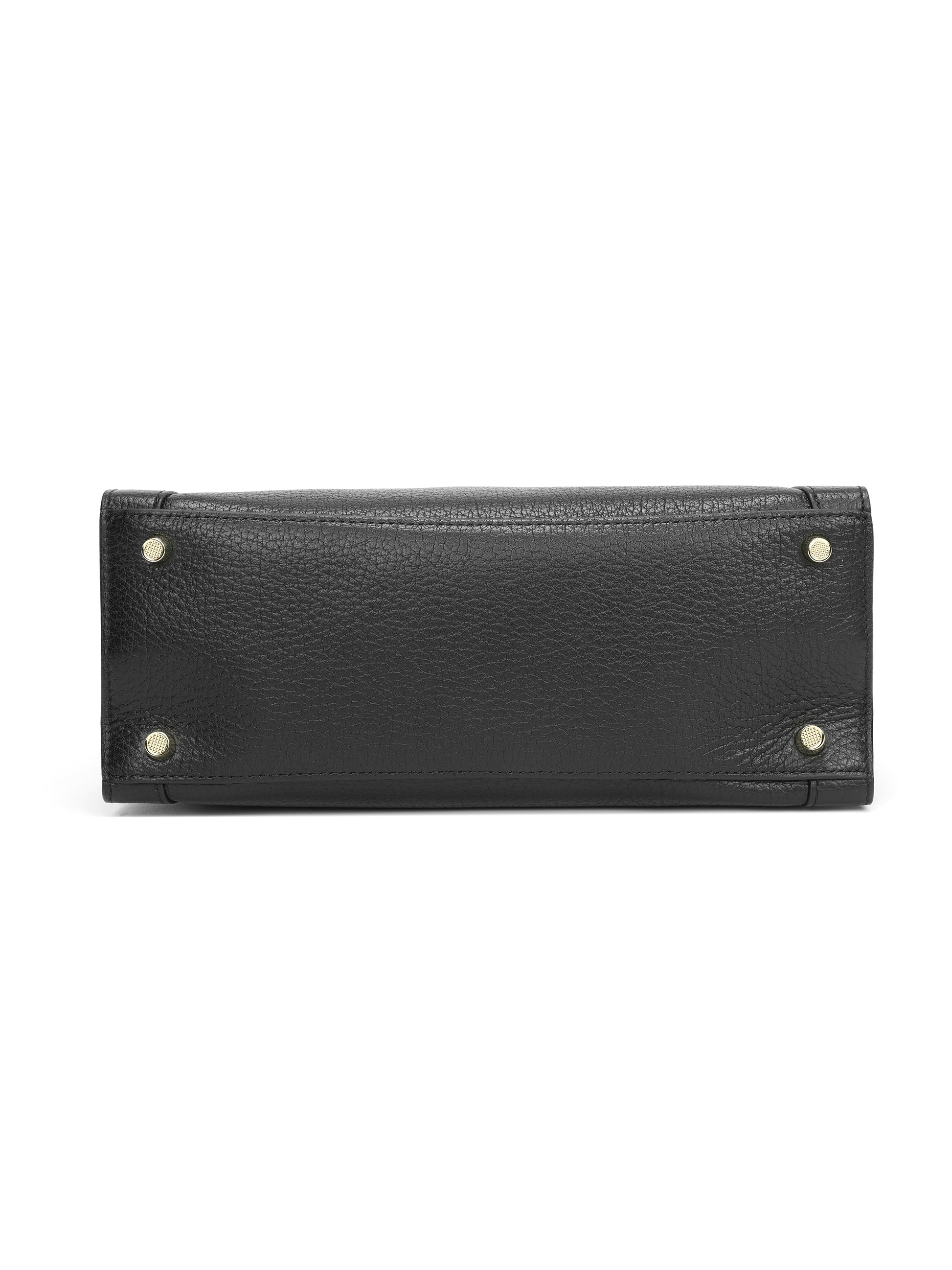 Black leather handbag base with gold-tone metal feet, textured finish, luxury purse design