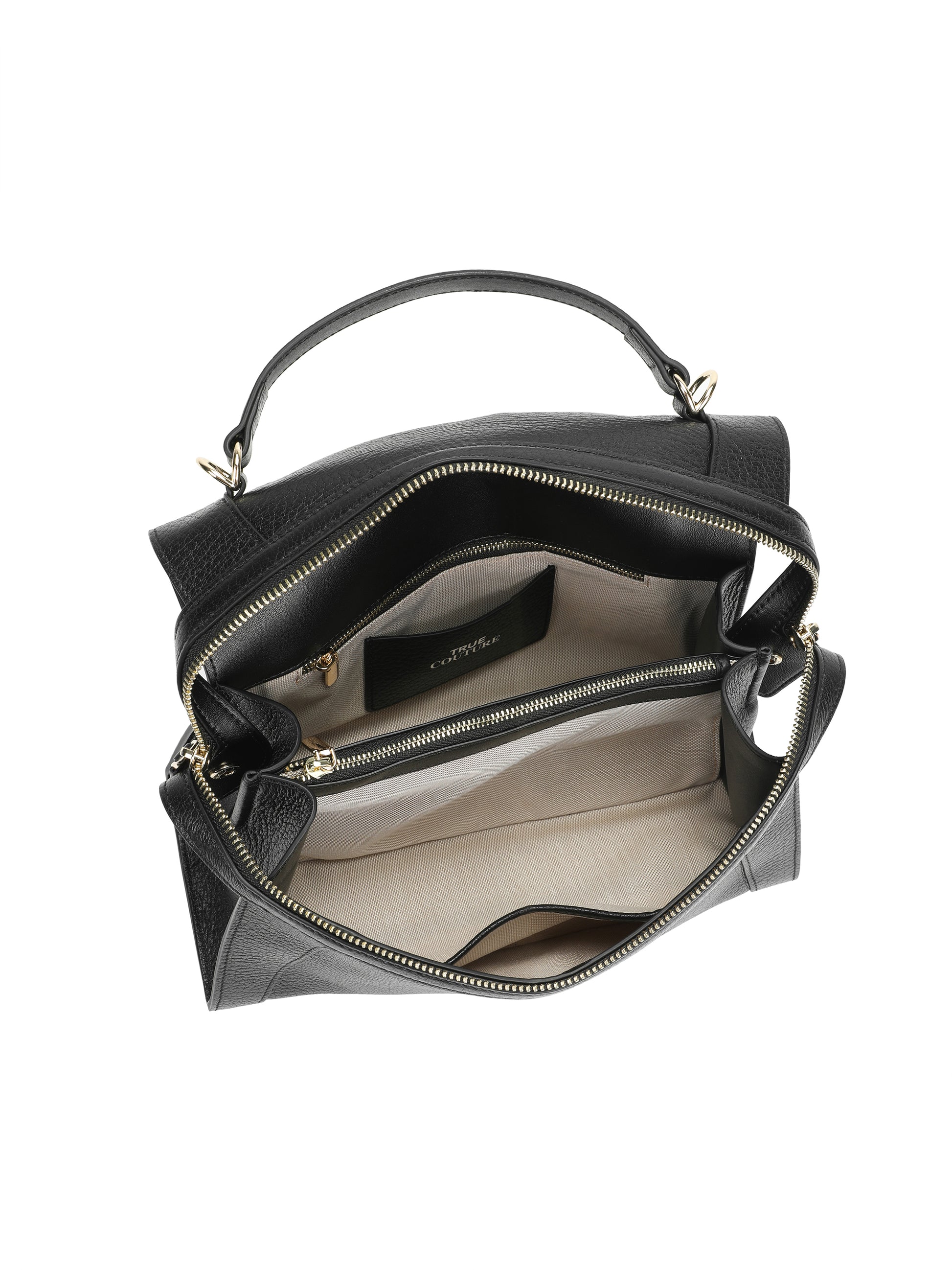 Top view of black leather handbag with gold zipper and spacious interior compartments
