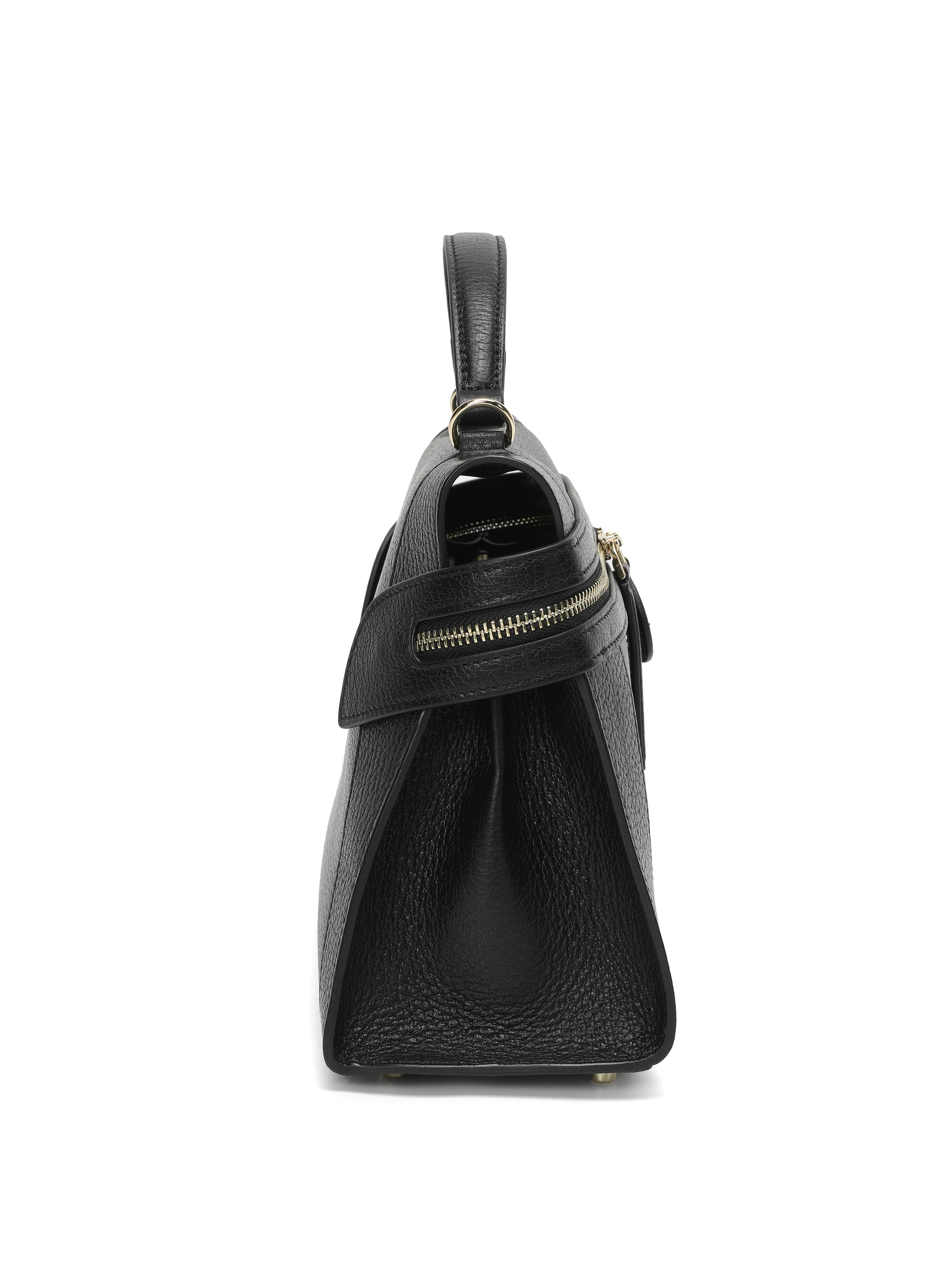 Side view of black leather handbag with gold zipper, top handle, textured finish