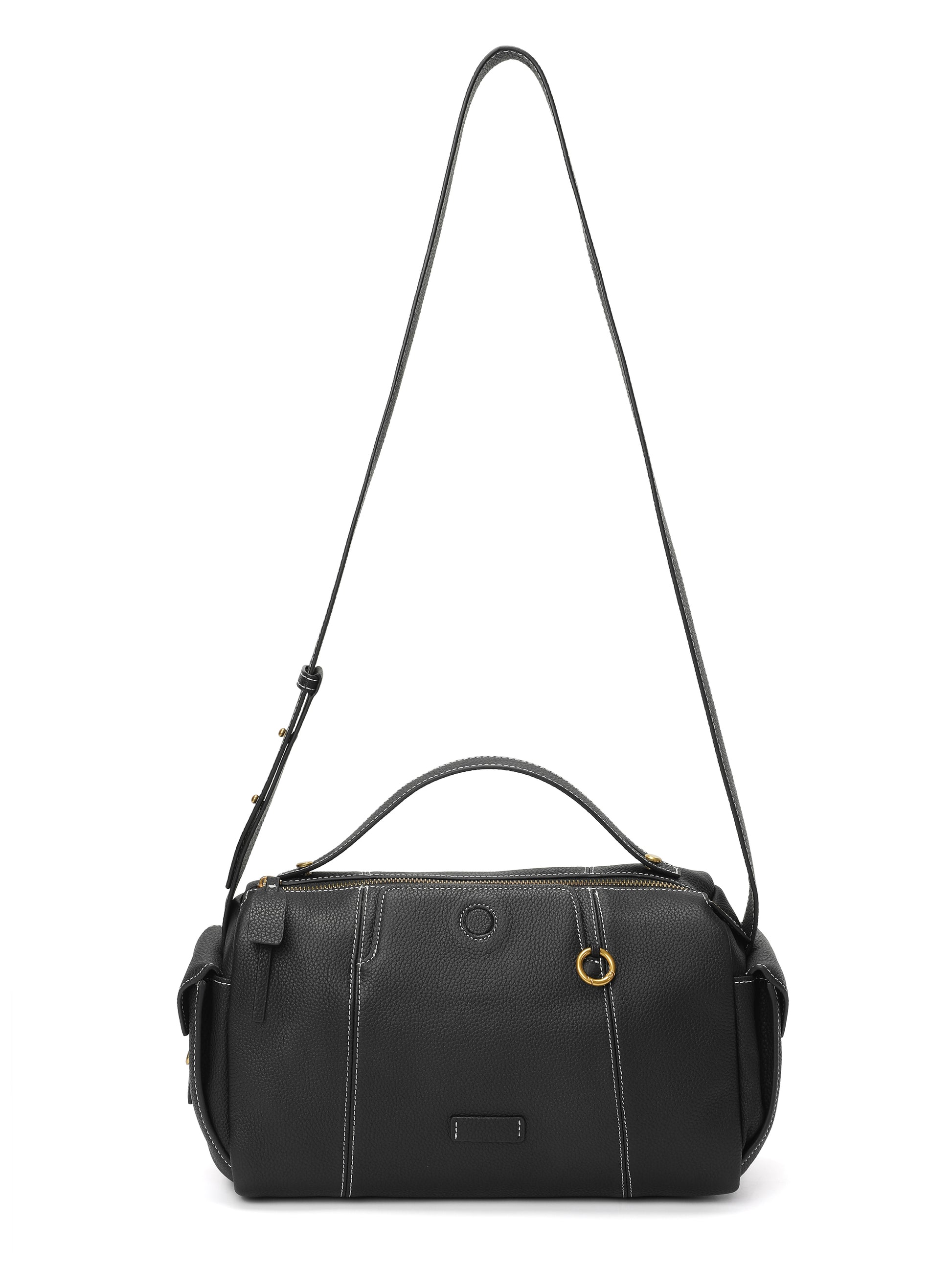 Black leather satchel handbag with gold hardware, top handle, and adjustable shoulder strap