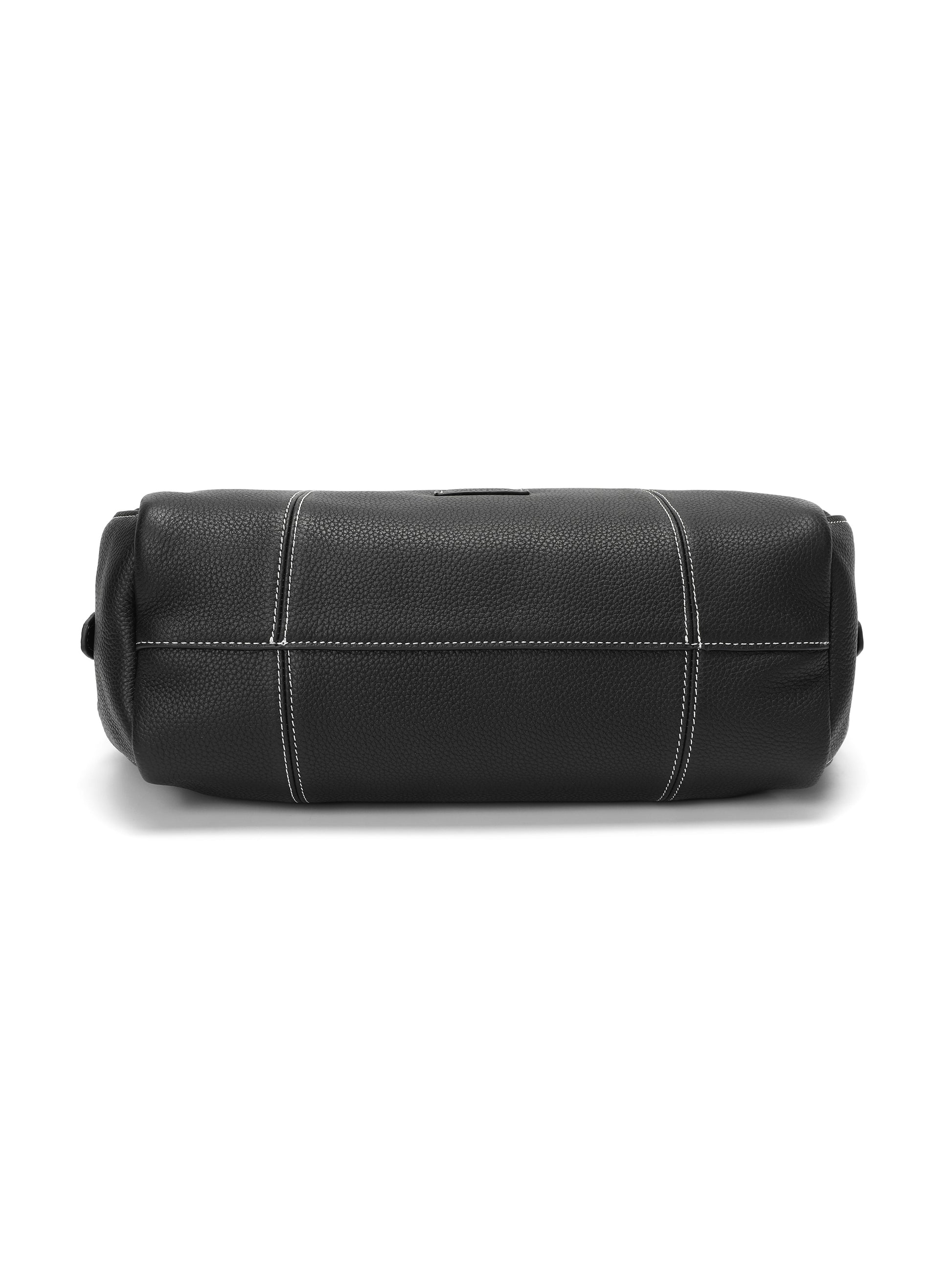 Black leather handbag bottom view with textured finish and white contrast stitching