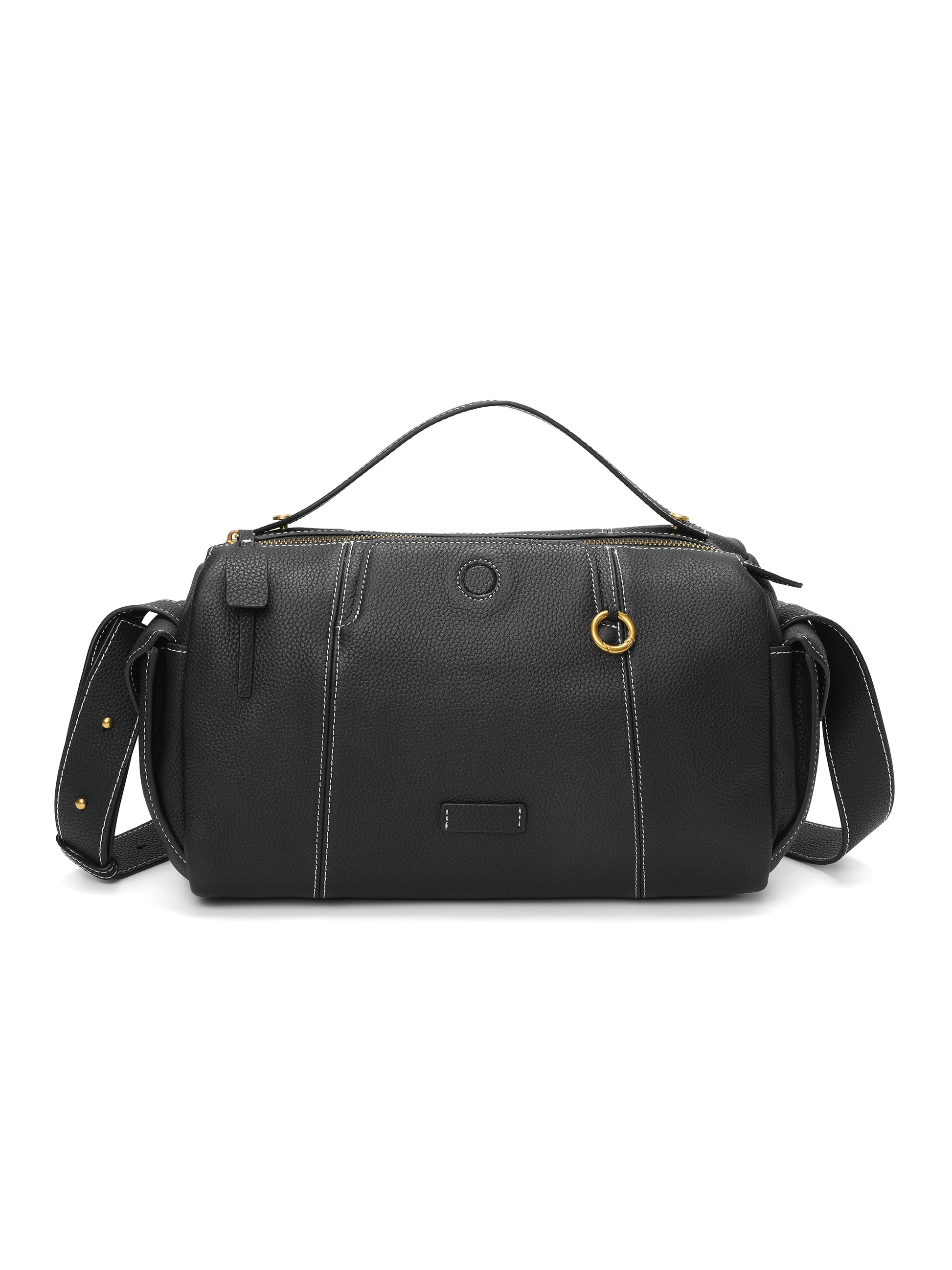 Black leather satchel handbag with white stitching, gold hardware, top handle, and shoulder strap