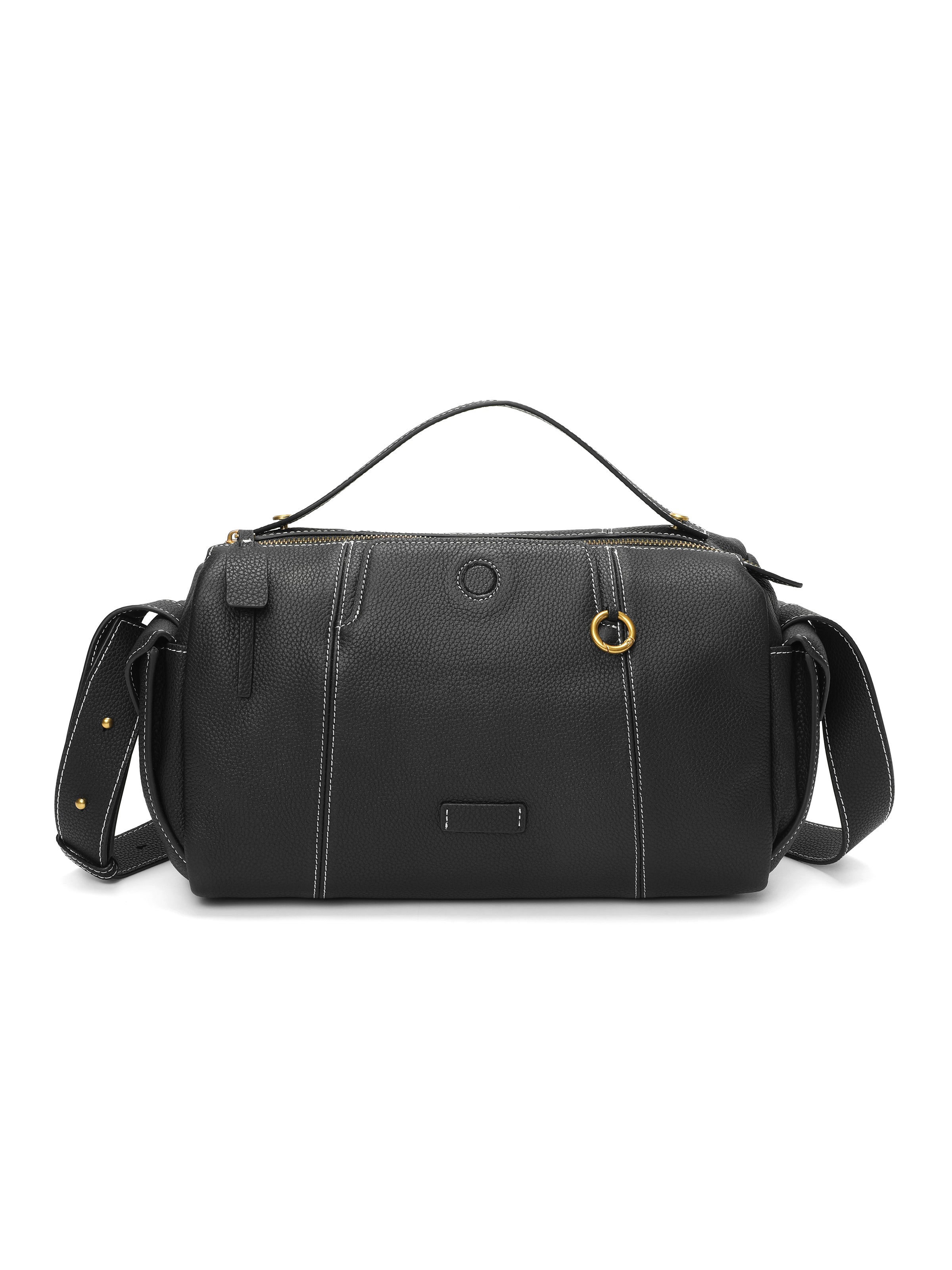 Black leather satchel handbag with white stitching, gold hardware, top handle, and shoulder strap