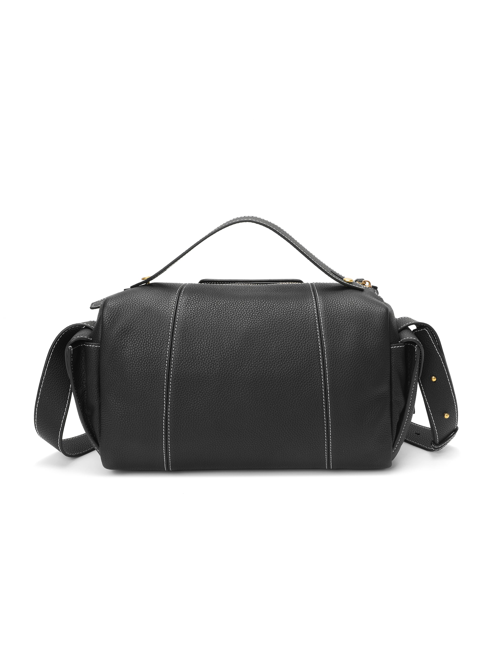 Black leather handbag with white stitching, top handle, and adjustable shoulder strap