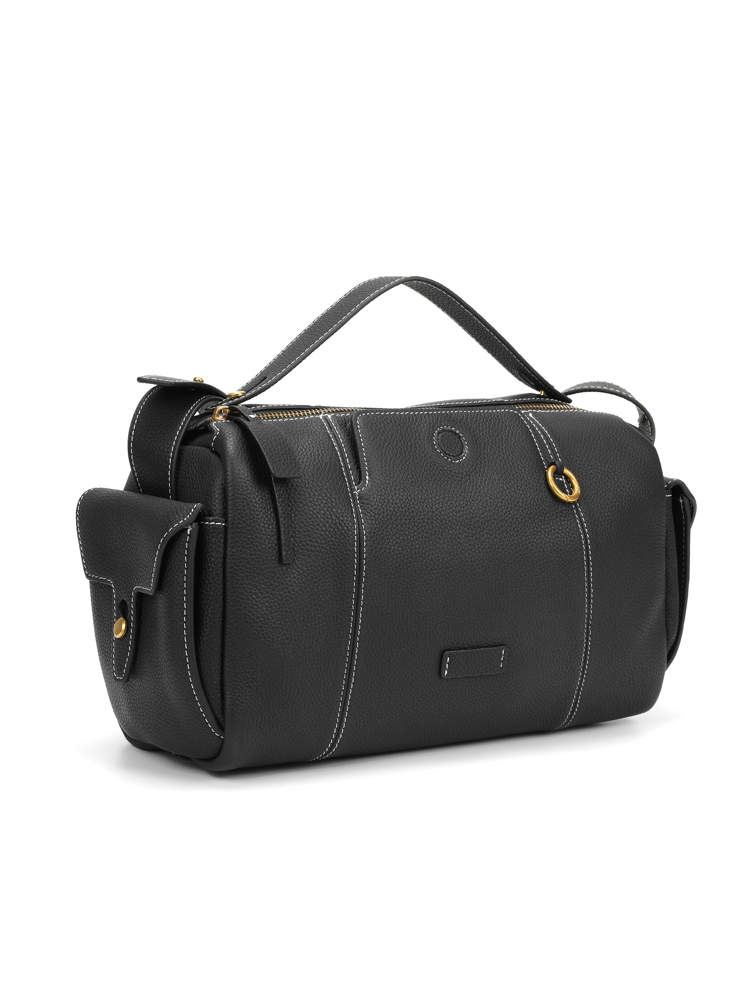 Black leather handbag with top handle, gold hardware, side pockets, and white stitching
