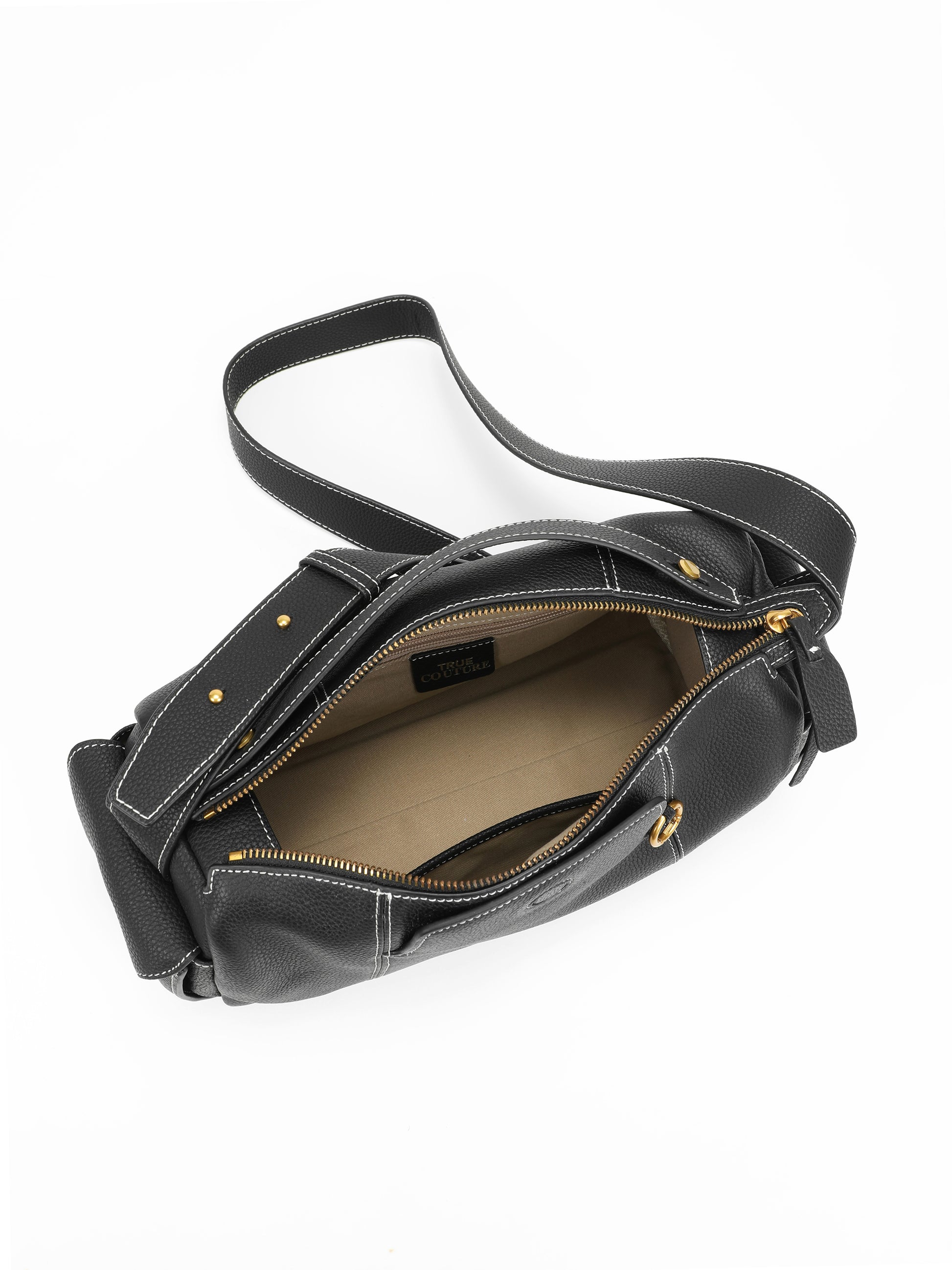 Black leather shoulder handbag with gold zipper, open top view, white stitching detail