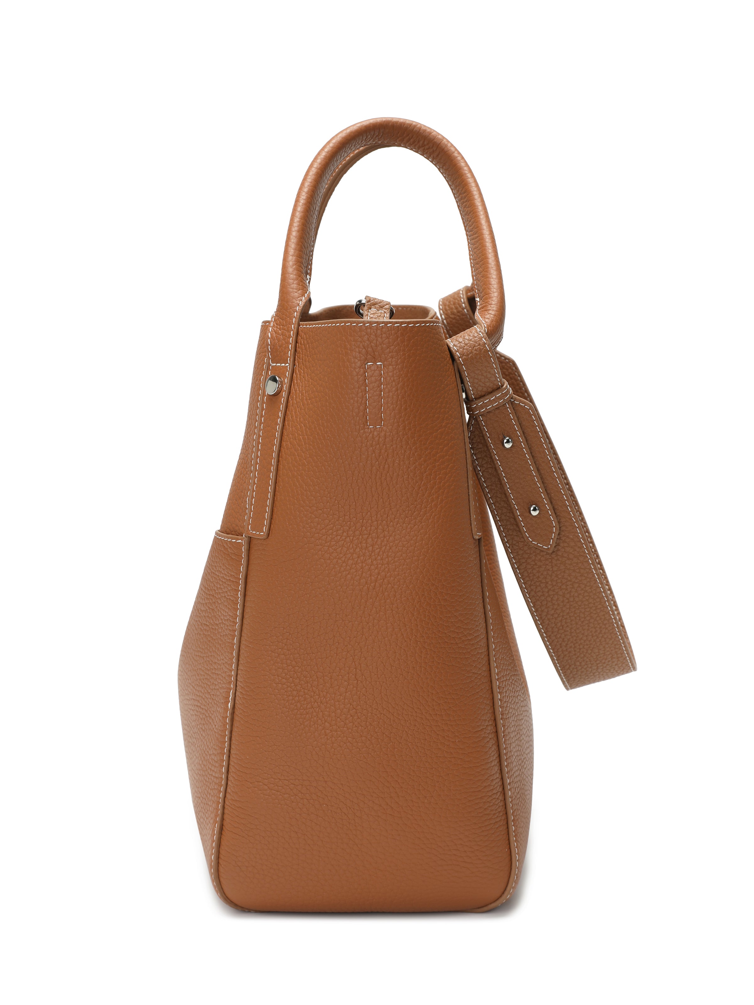 Brown leather tote handbag with top handle and white stitching, side view