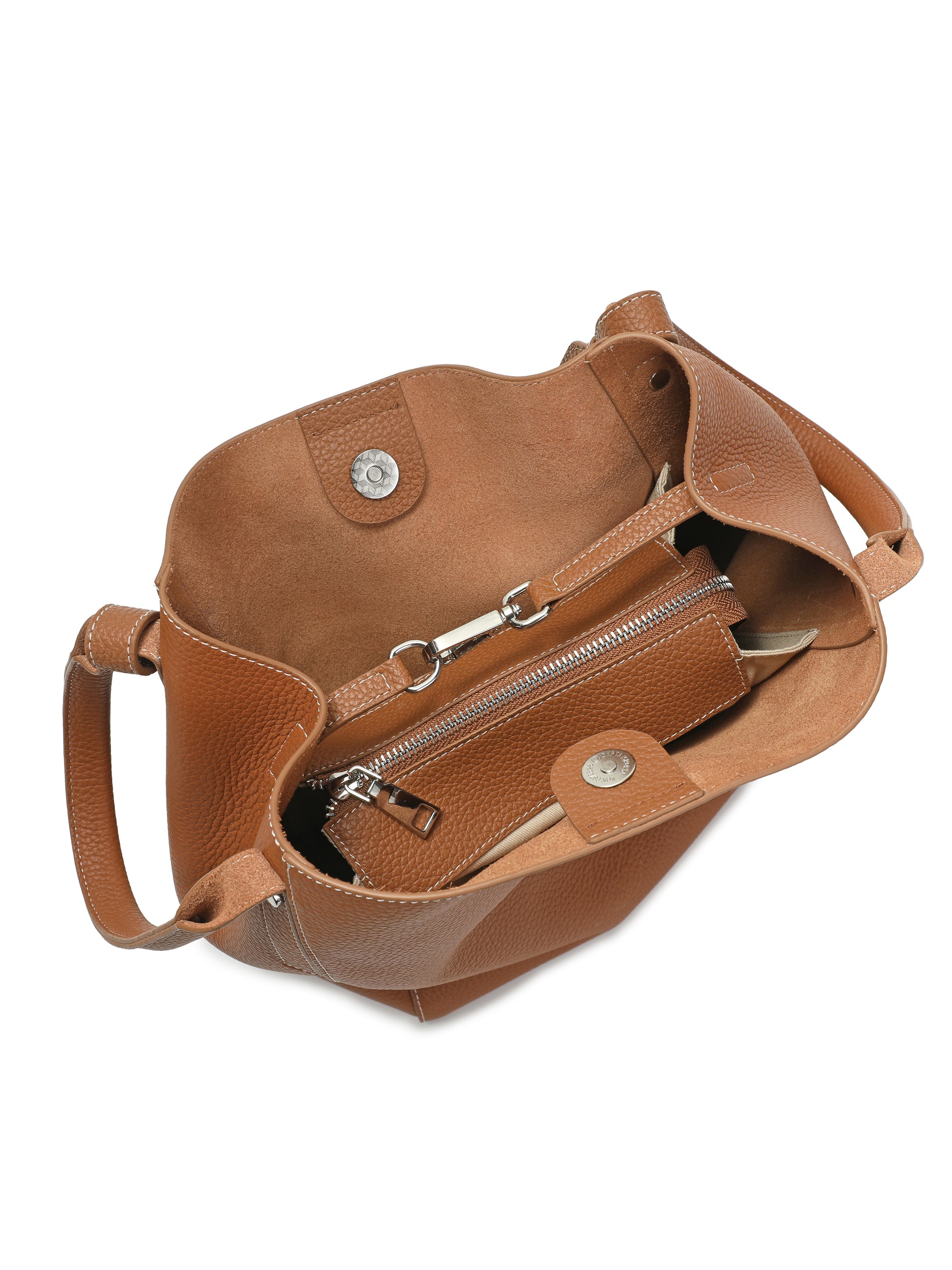 Brown leather tote handbag with pebbled texture, open top, and interior zip pouch