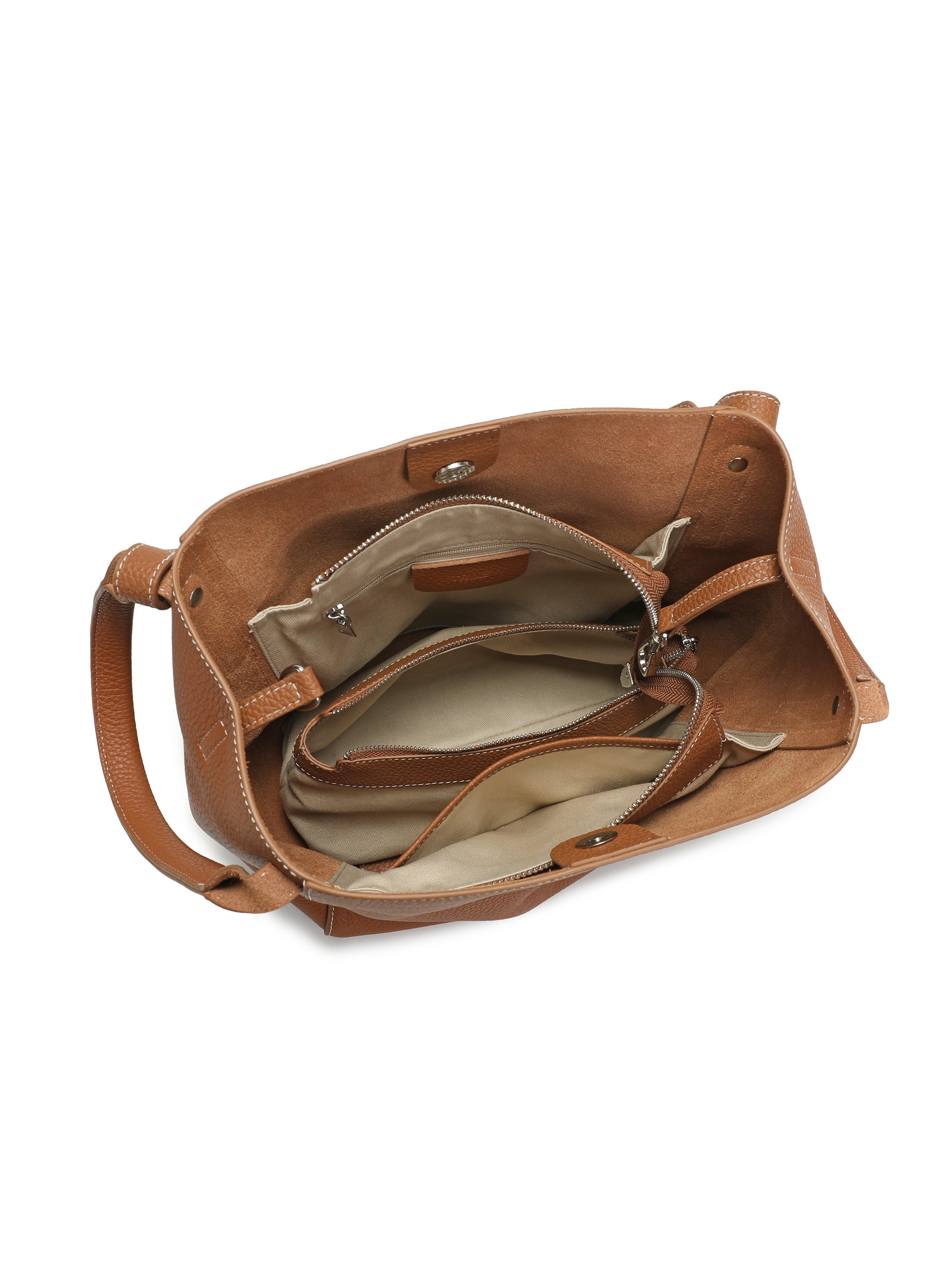 Brown leather tote handbag with multiple interior compartments and zippered pockets