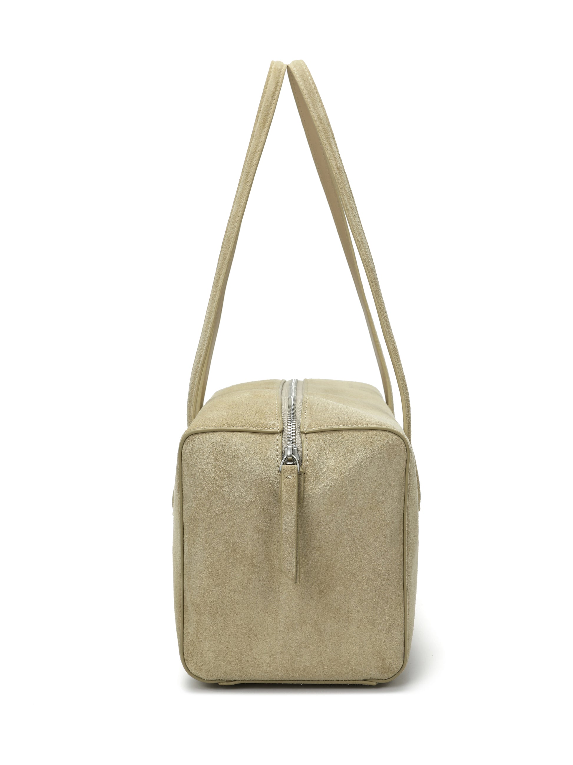 Beige suede boxy handbag with zipper closure and double shoulder straps