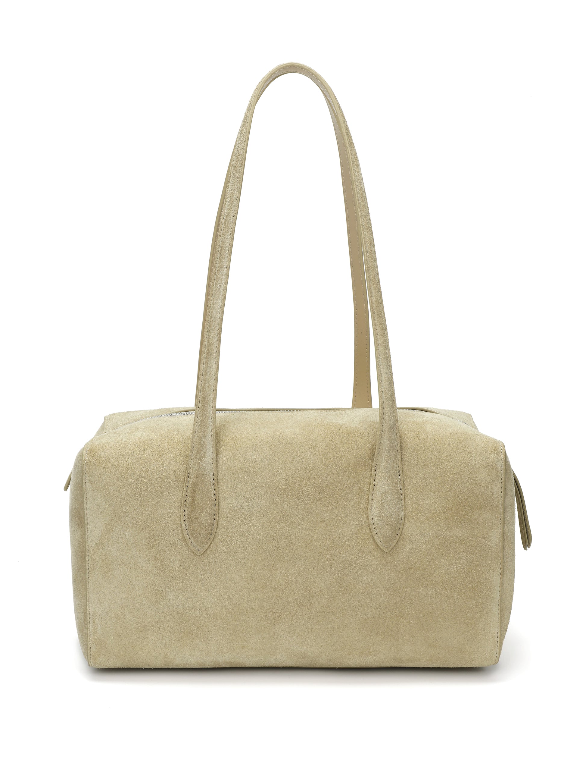 Beige suede boxy handbag with double shoulder straps, minimalist design, on white background.