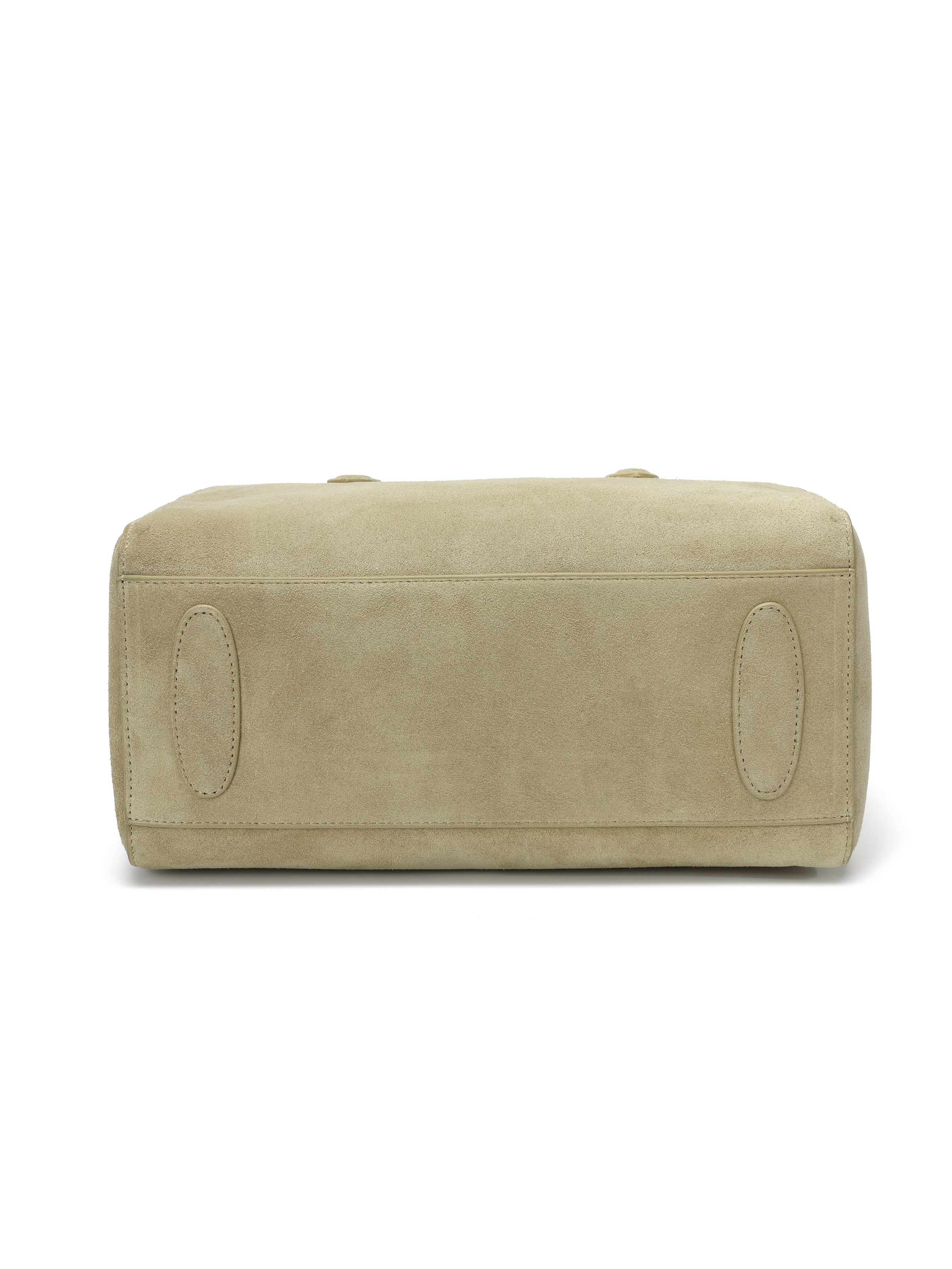 Bottom view of beige suede handbag with stitched leather details